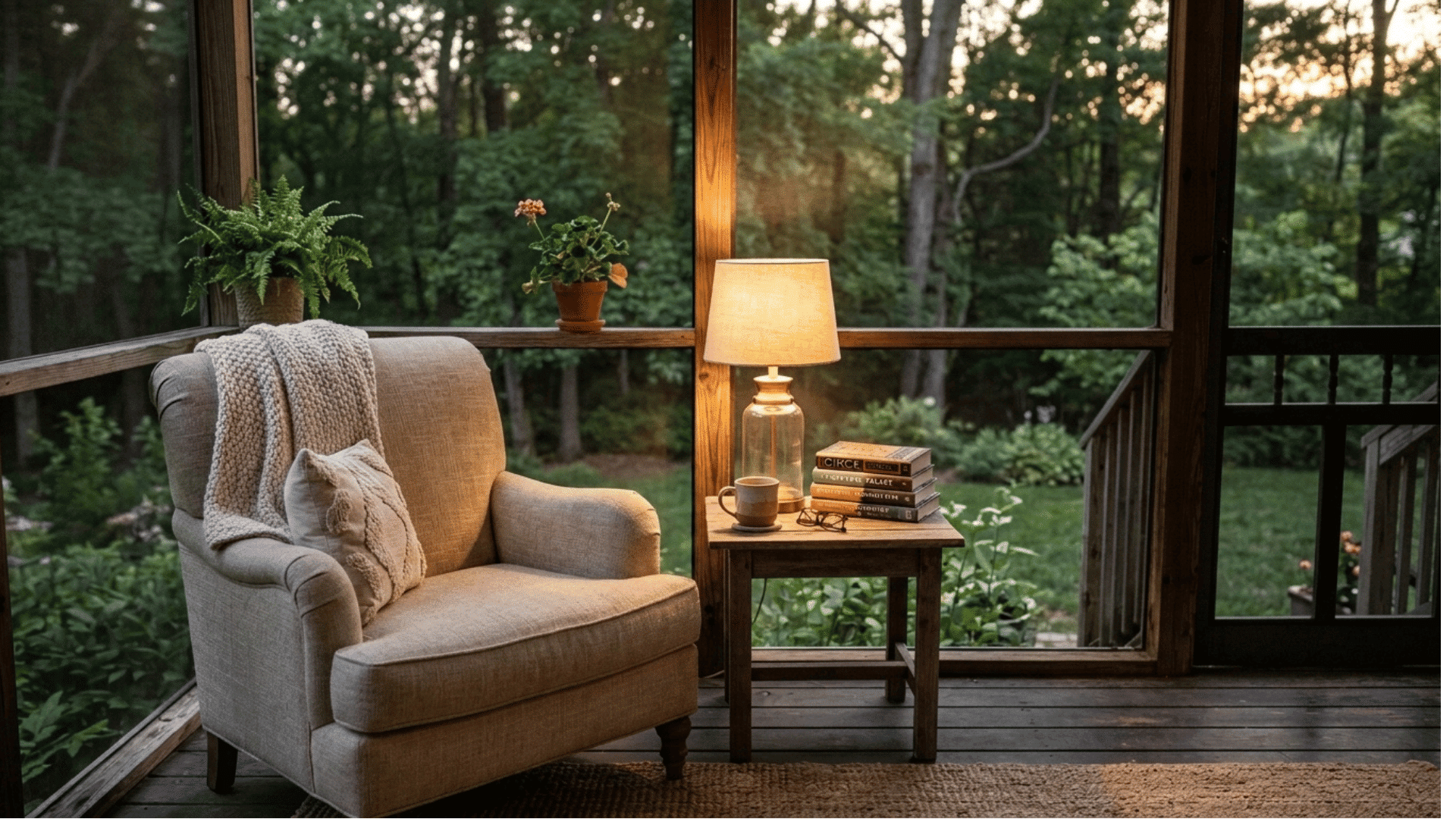 cozy screened porch reading nook with armchair and side lamp