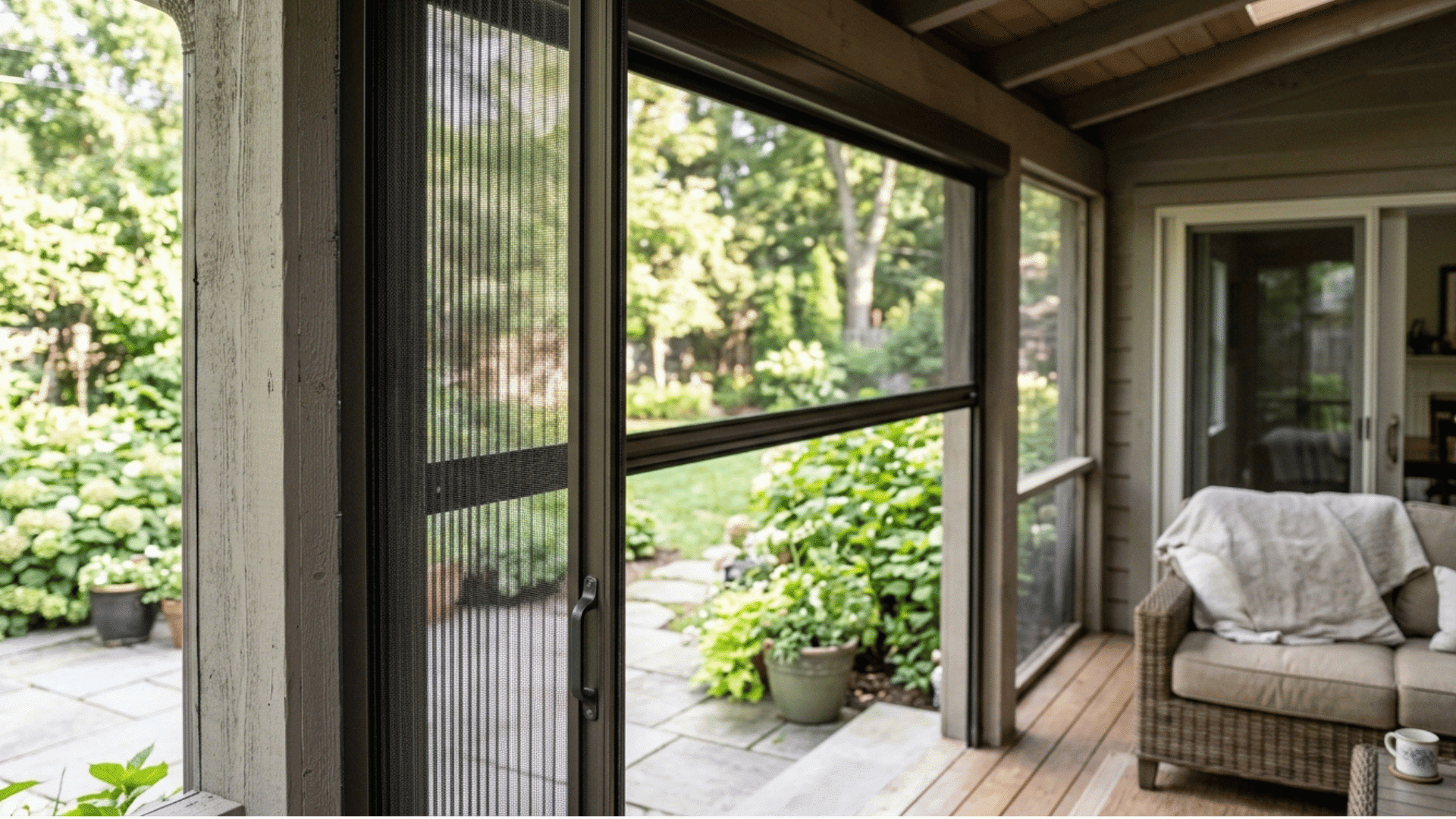 retractable screen system installed on a covered porch frame