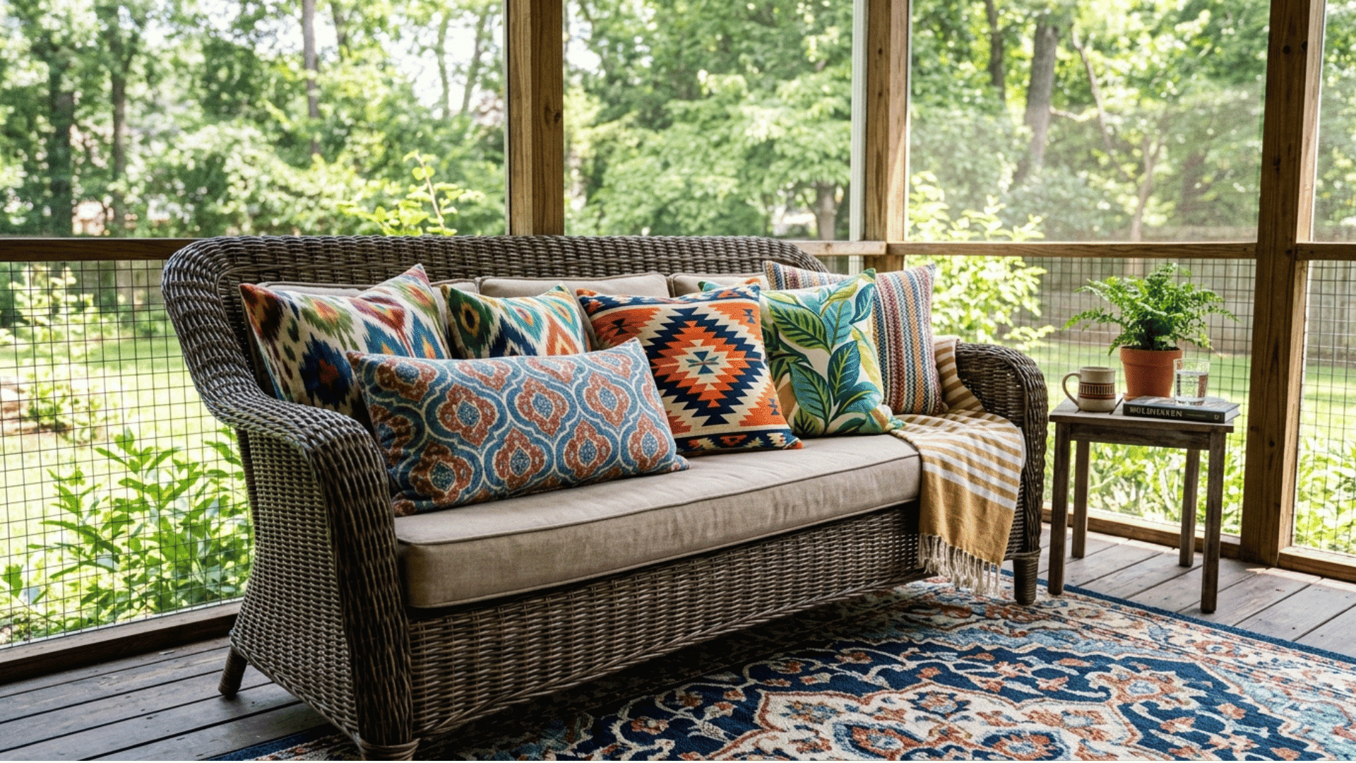 screened porch seating with patterned rug and mixed throw pillows