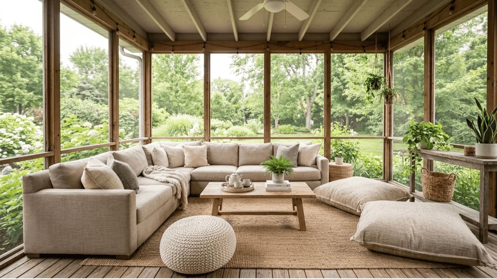 screened porch sectional lounge with coffee table and floor cushions