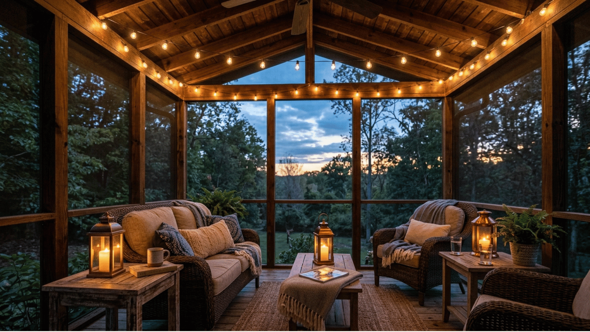 screened porch with string lights and lanterns for evening glow