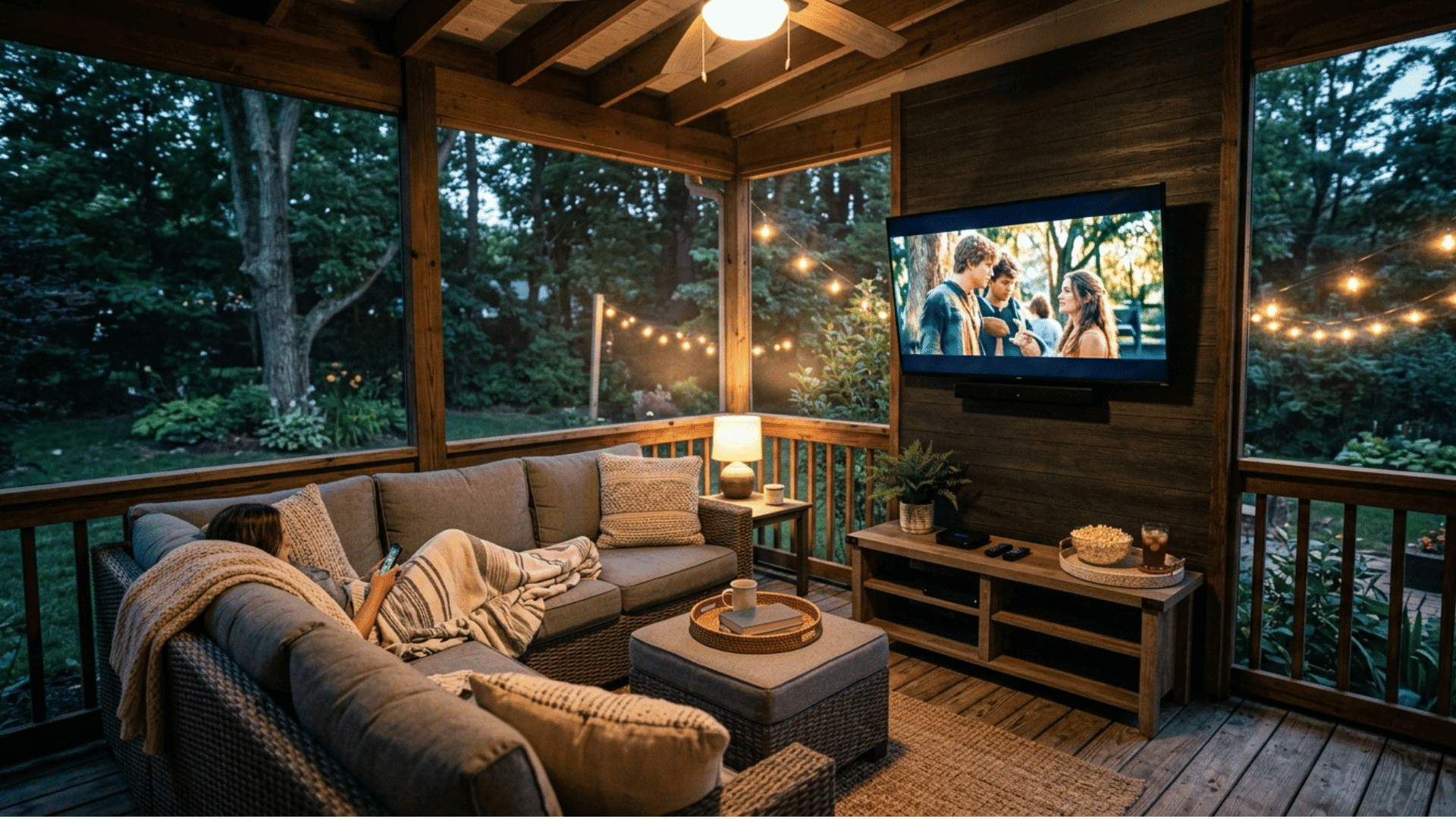 screened porch entertainment corner with mounted television and seating