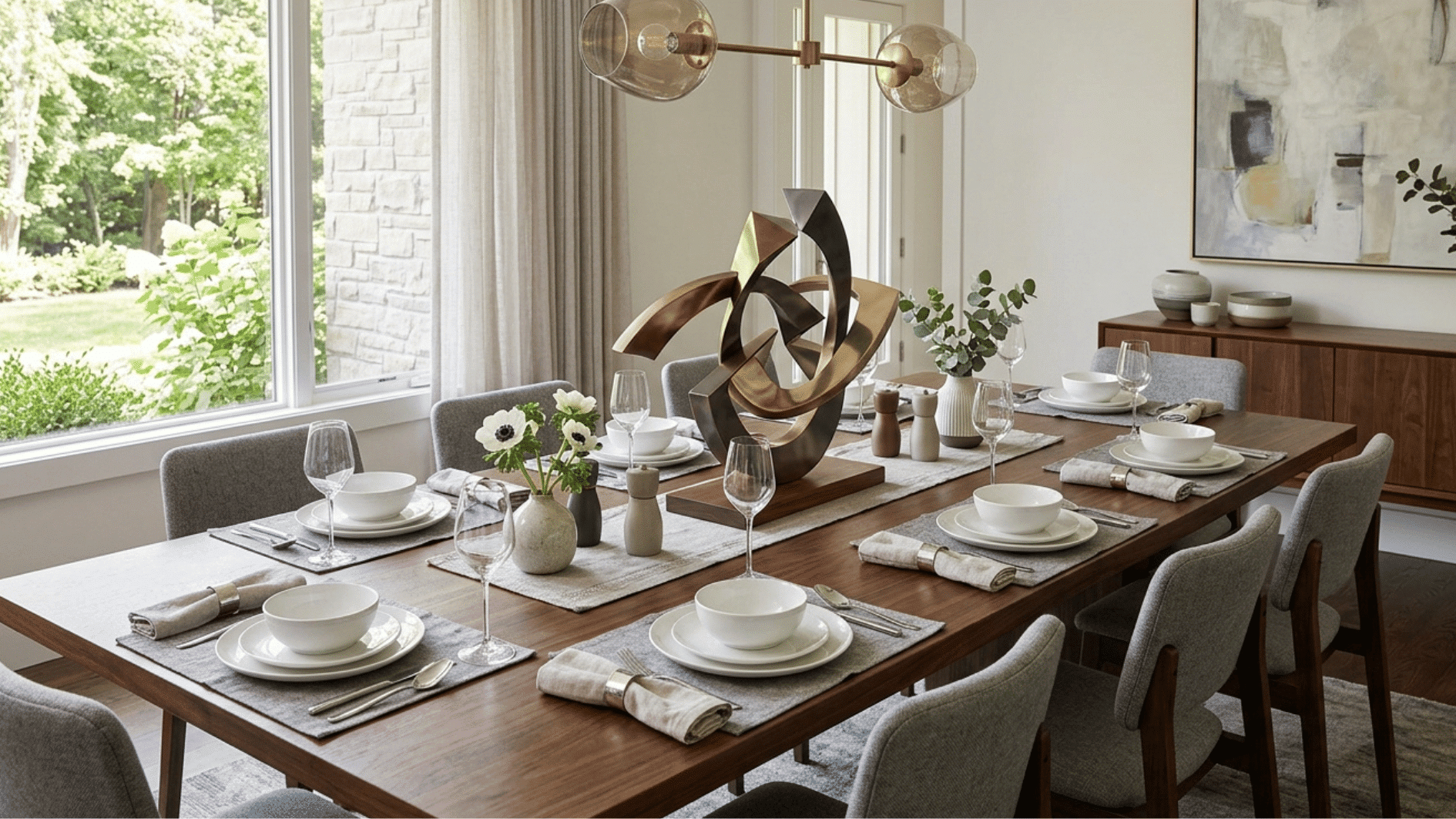 single sculptural object in focus on a bare minimalist dining table