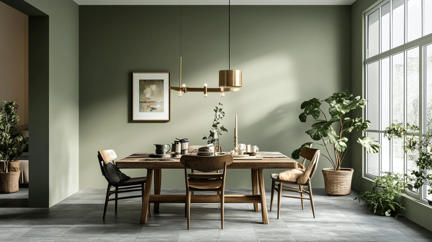 dining room with sea salt green walls, wood table, gray floor tiles, and sunlit indoor plants