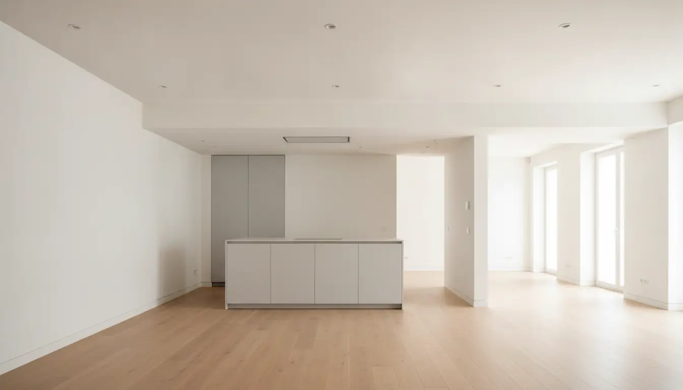 Minimalist kitchen with white cabinetry and wooden flooring in a bright, empty space
