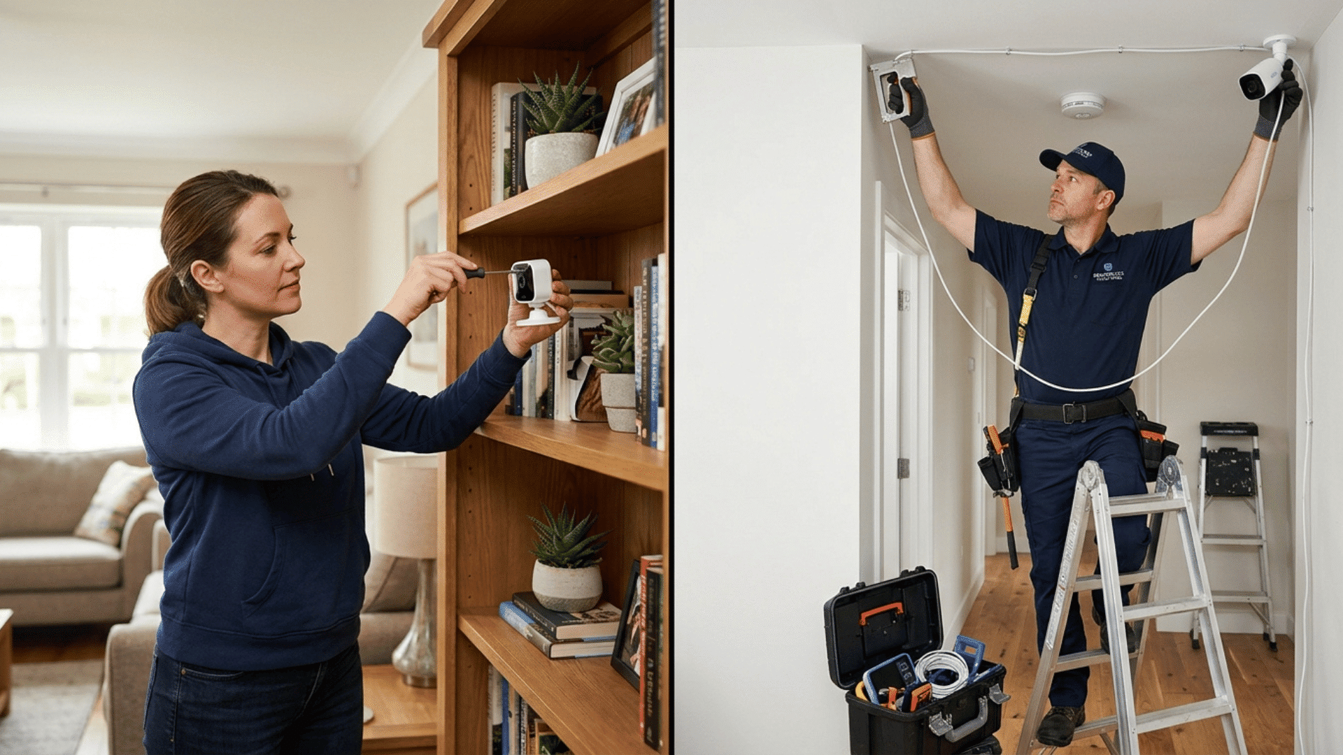 side by side comparison of diy and professional camera installation