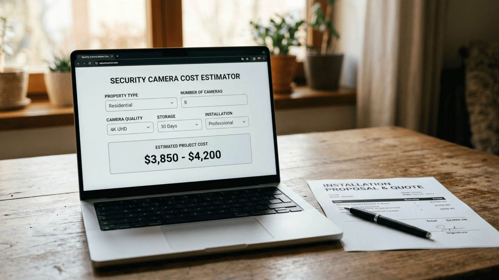 online cost calculator screen next to a printed installation quote