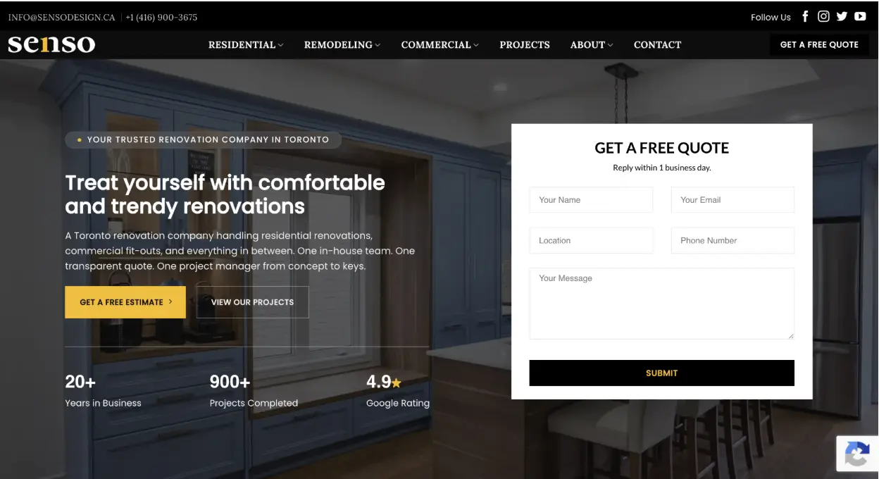 Modern kitchen interior with navy cabinets and bar stools, alongside a contact form overlay
