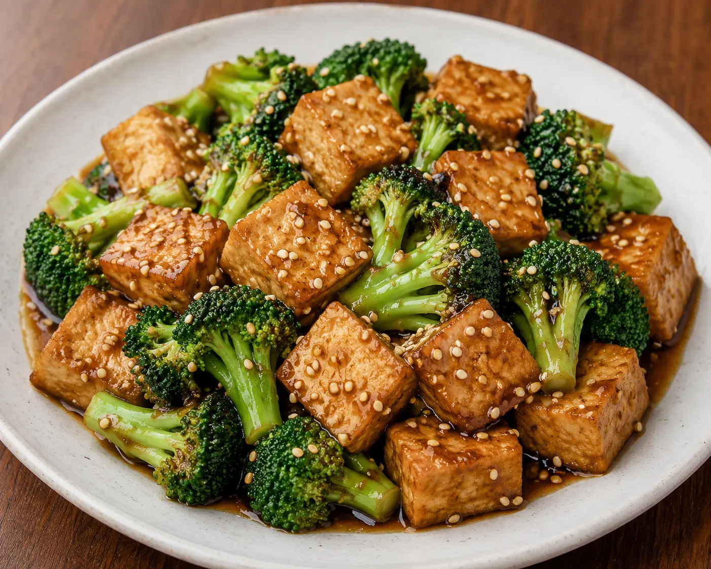 A serving of tofu and broccoli sprinkled with sesame seeds, presenting a vibrant and wholesome plant-based meal.