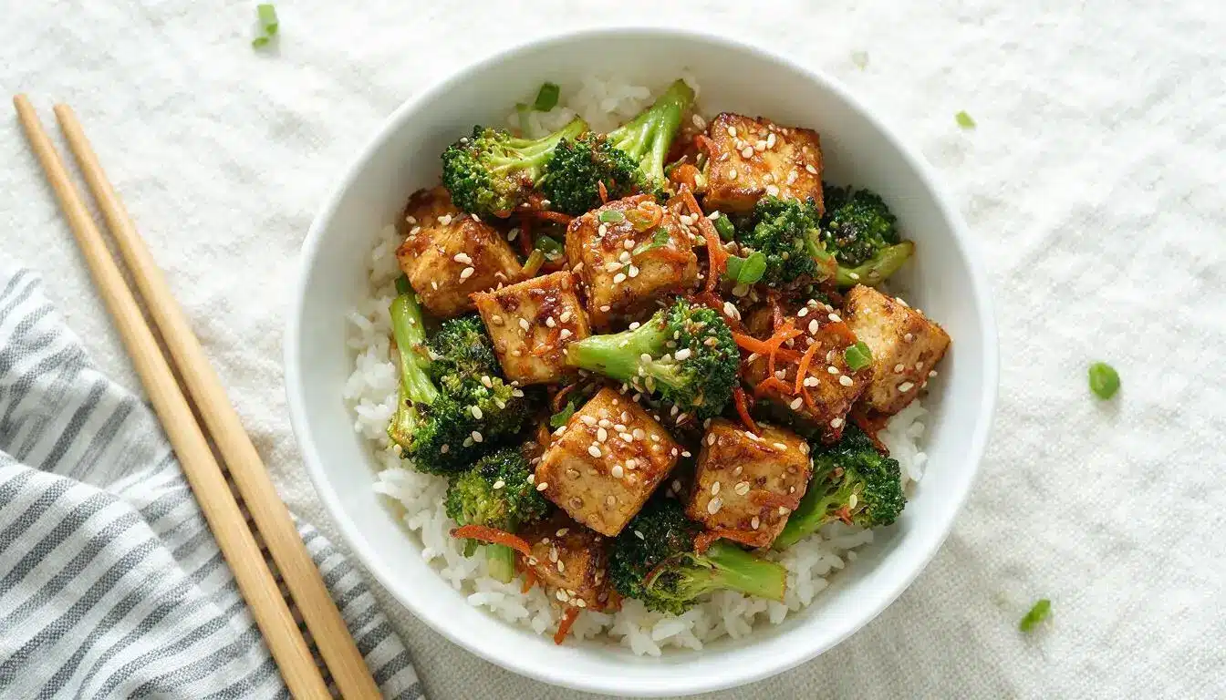 A colorful chicken and broccoli stir fry served in a white bowl, garnished with sesame seeds and green onions.