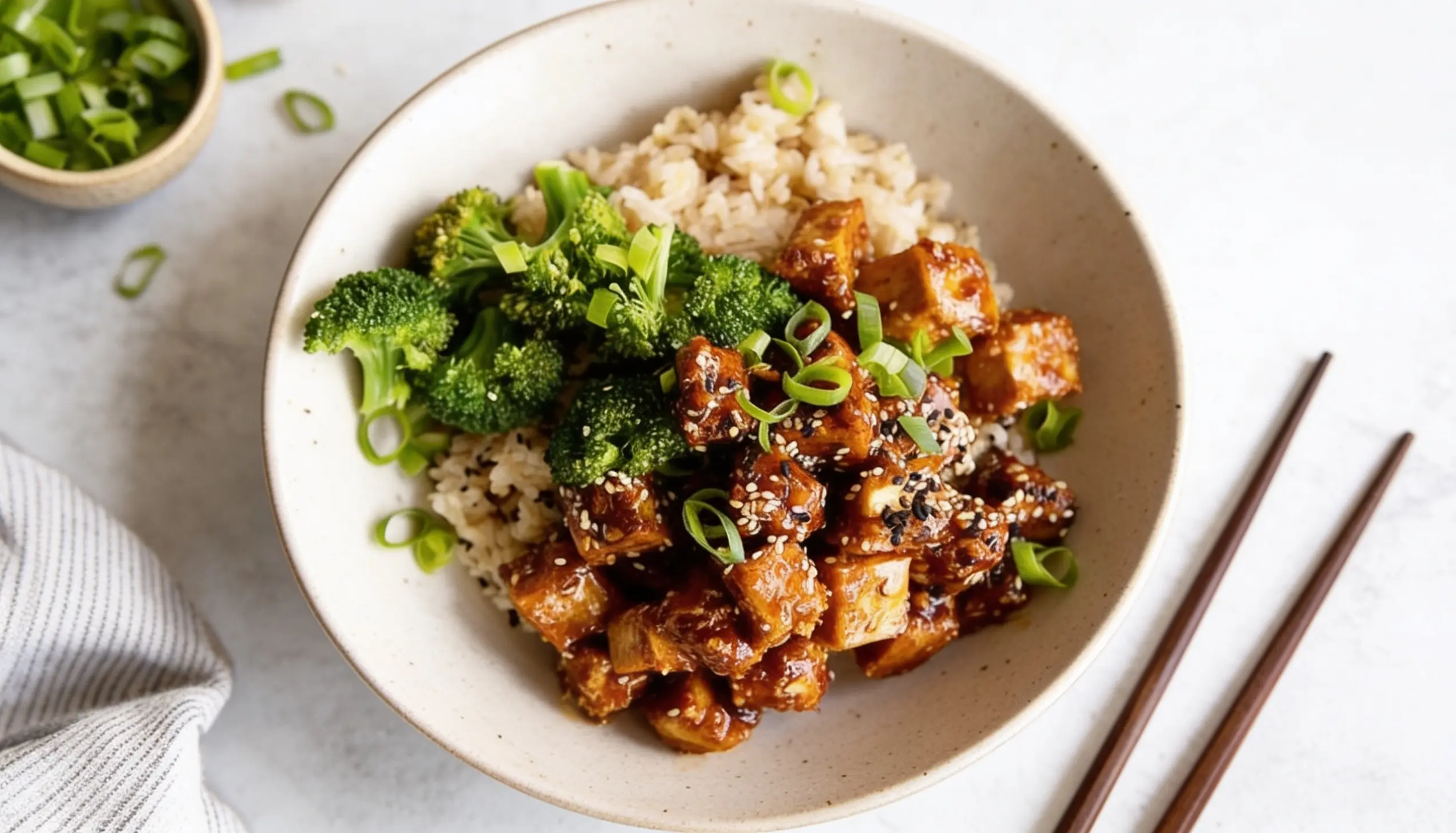 Bowl of teriyaki tofu and broccoli served over brown rice, garnished with sesame seeds and green onions.