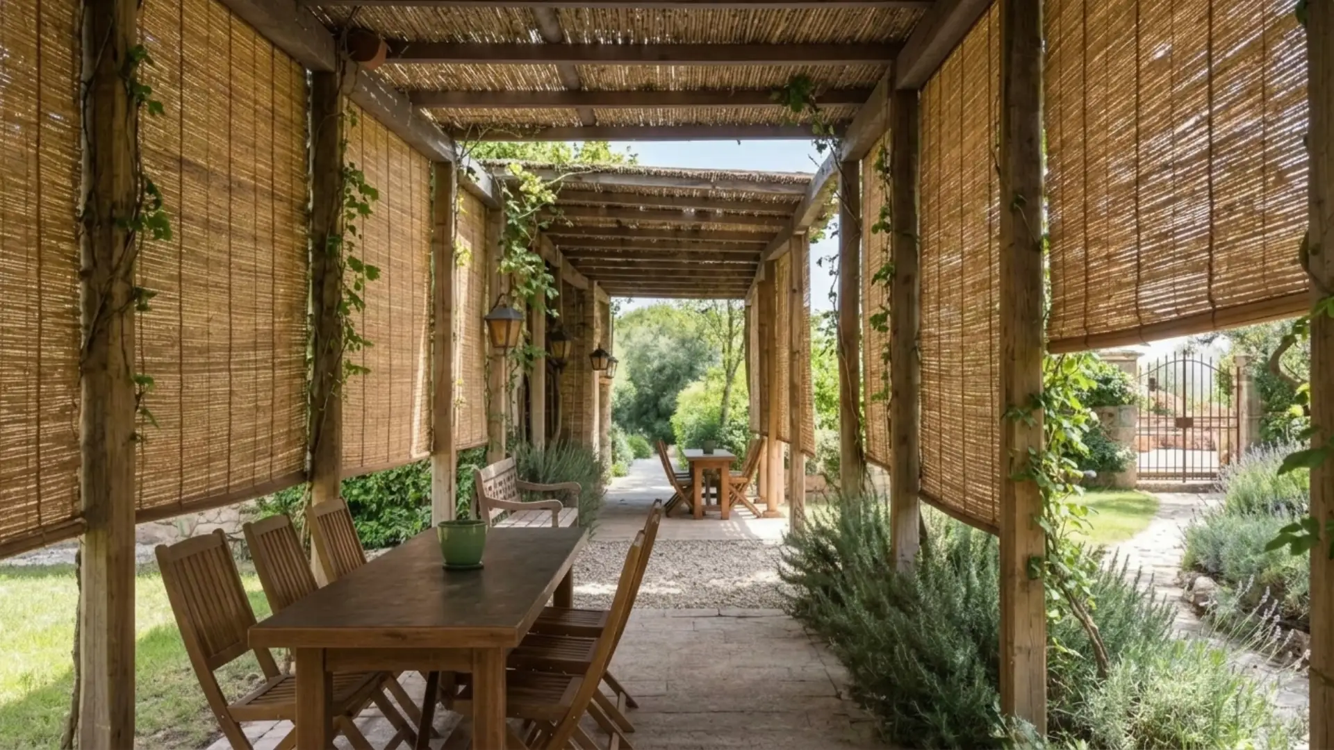A wooden pergola with bamboo blinds shelters a stone path, a dining table, and chairs leading to a garden gate.