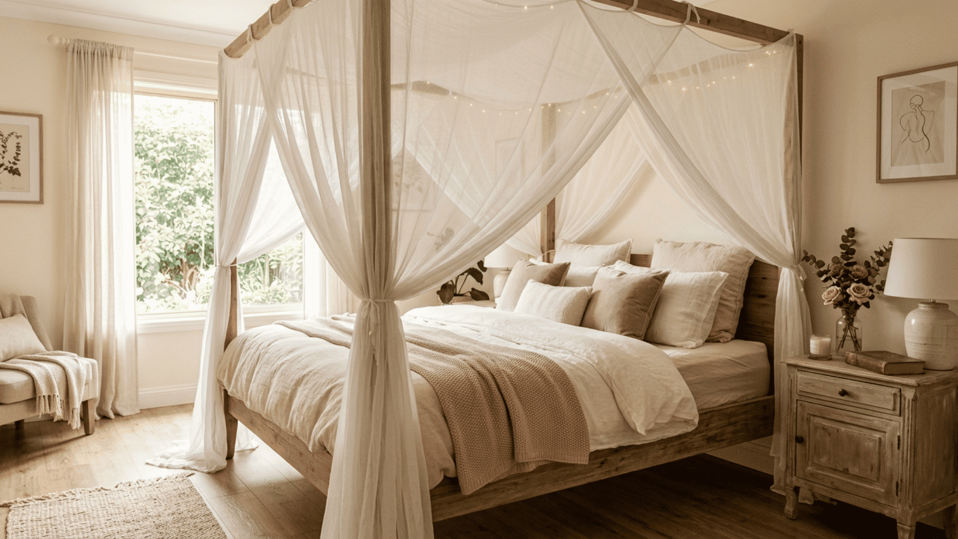 sheer white canopy draped over a wooden bed frame in a soft romantic bedroom