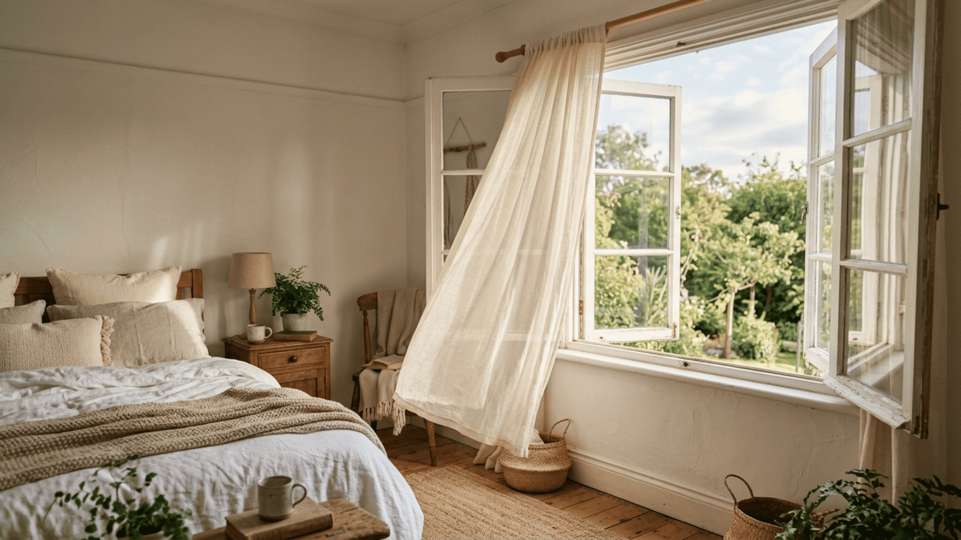 sheer cream curtains blowing gently by an open window in a cozy sunlit bedroom