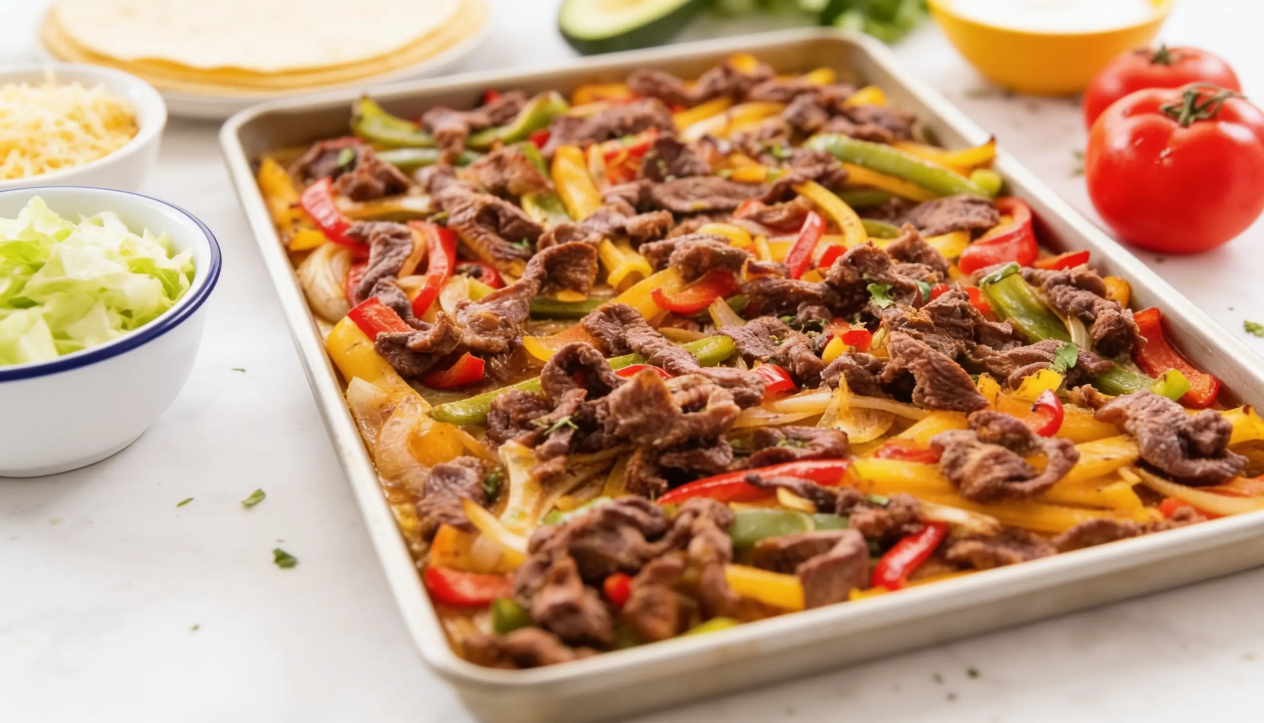Sheet pan steak and bell pepper fajitas with onions served with shredded lettuce, cheese, and tortillas.
