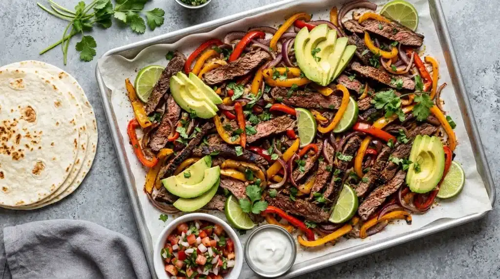 A sheet pan filled with beef fajitas, featuring sliced steak, colorful peppers, and avocado slices.