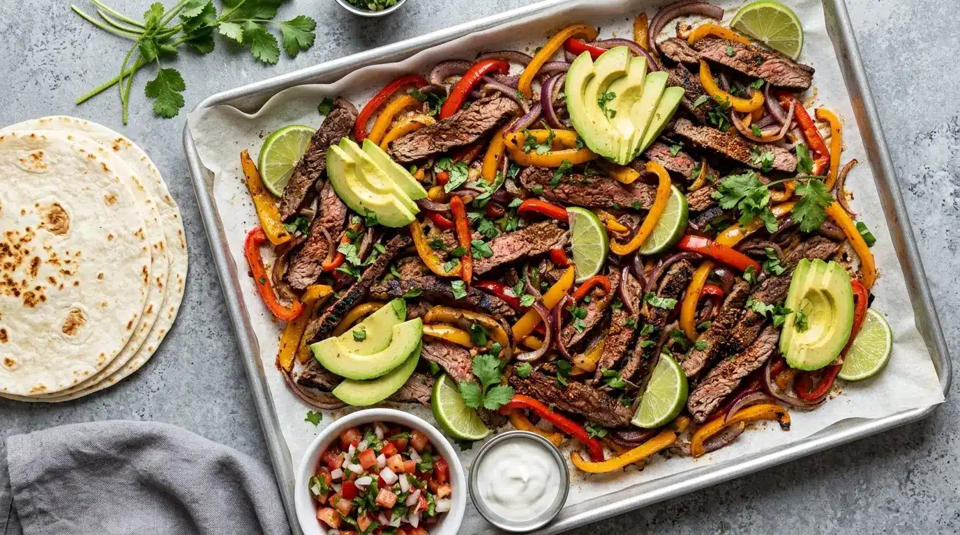 A sheet pan filled with beef fajitas, featuring sliced steak, colorful peppers, and avocado slices.