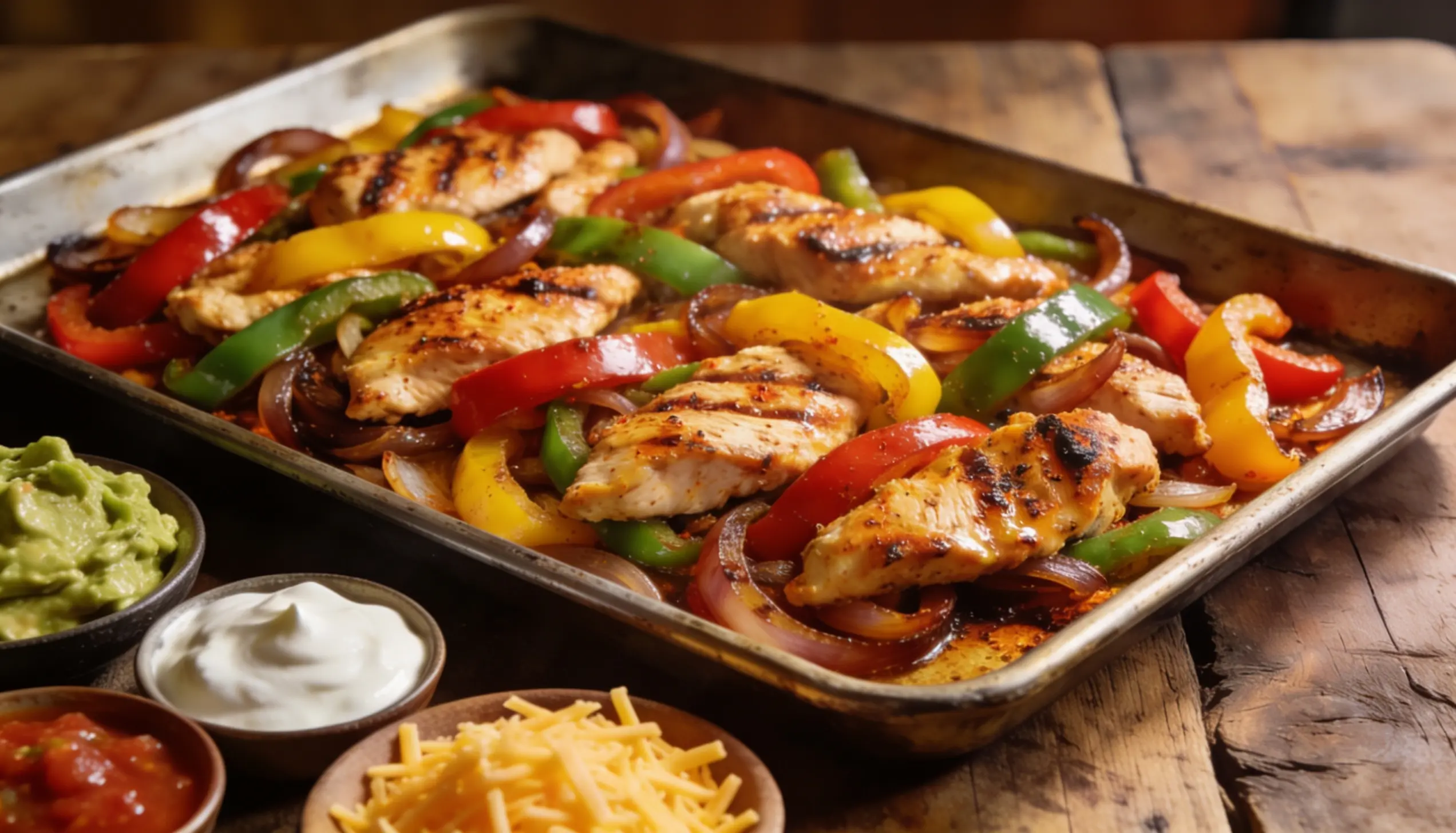 Sheet pan chicken fajitas with grilled chicken strips, bell peppers, and onions served with guacamole, sour cream, salsa, and shredded cheese.