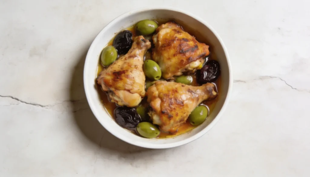 A bowl filled with chicken pieces and olives placed on a wooden table.