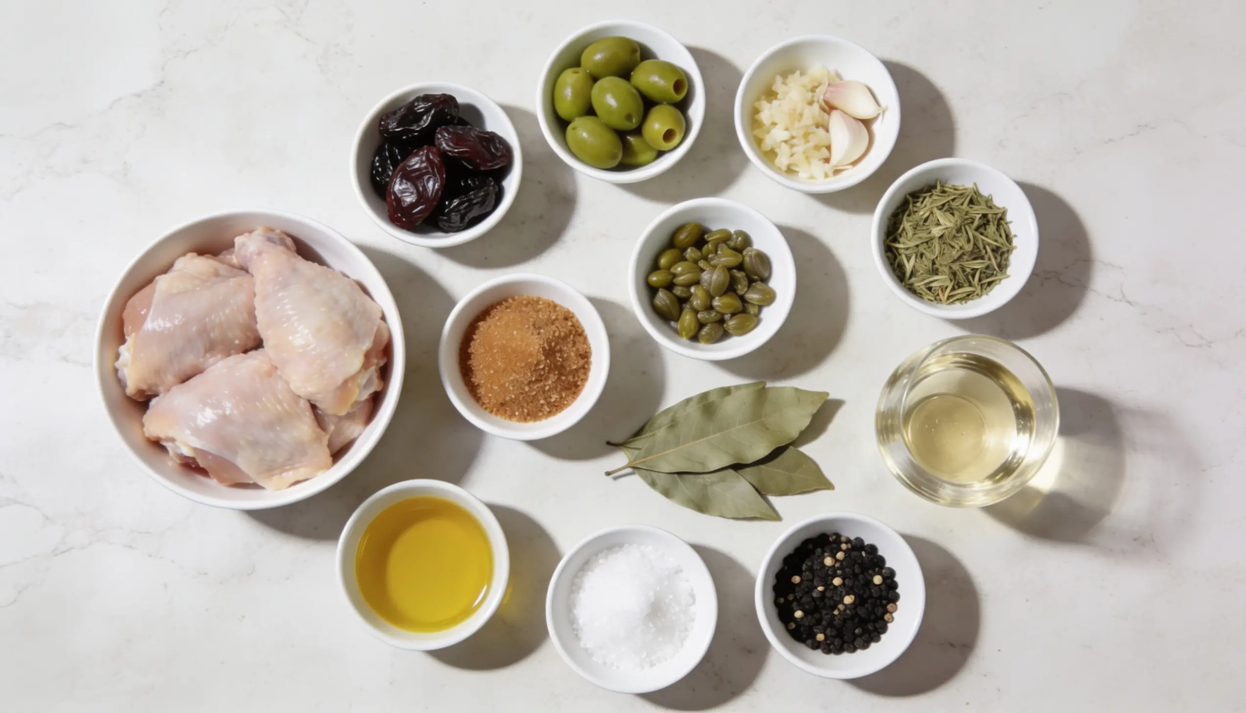 Raw chicken pieces surrounded by small bowls of olives, prunes, capers, garlic, herbs, spices, oil, and bay leaves.