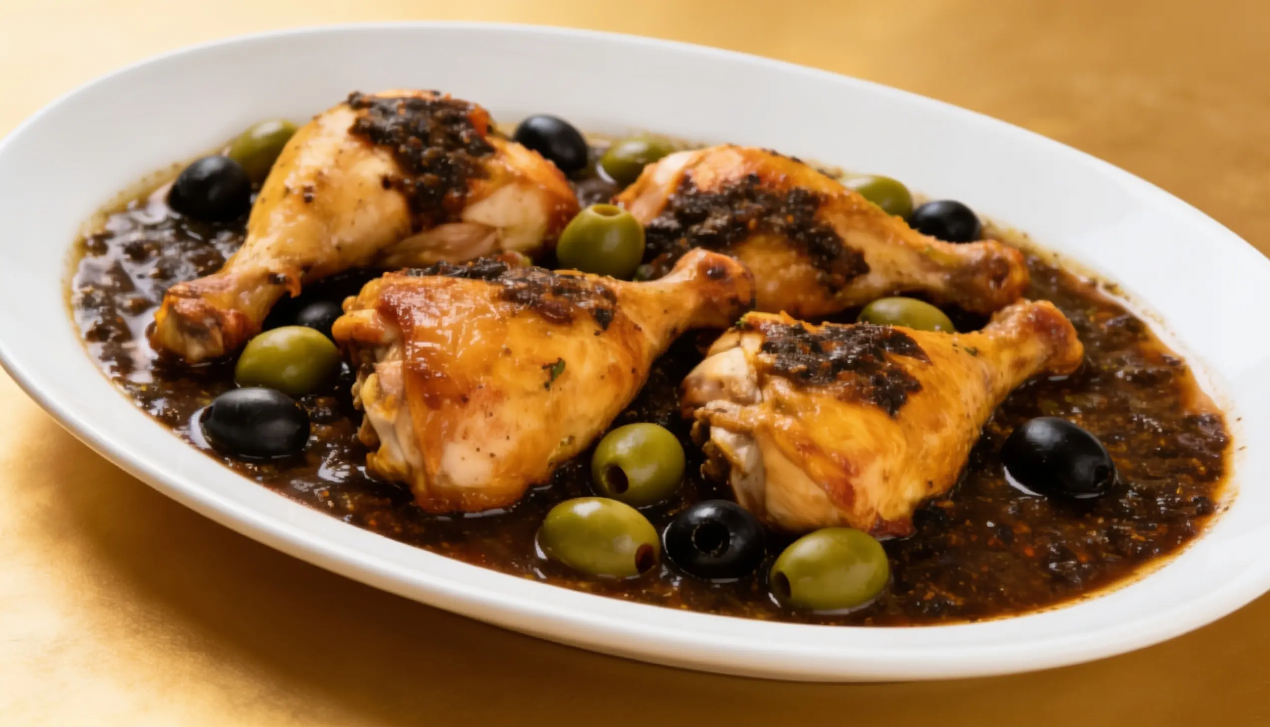 Four golden-brown chicken drumsticks are served in a dark, savory sauce with black and green olives on a white oval platter.