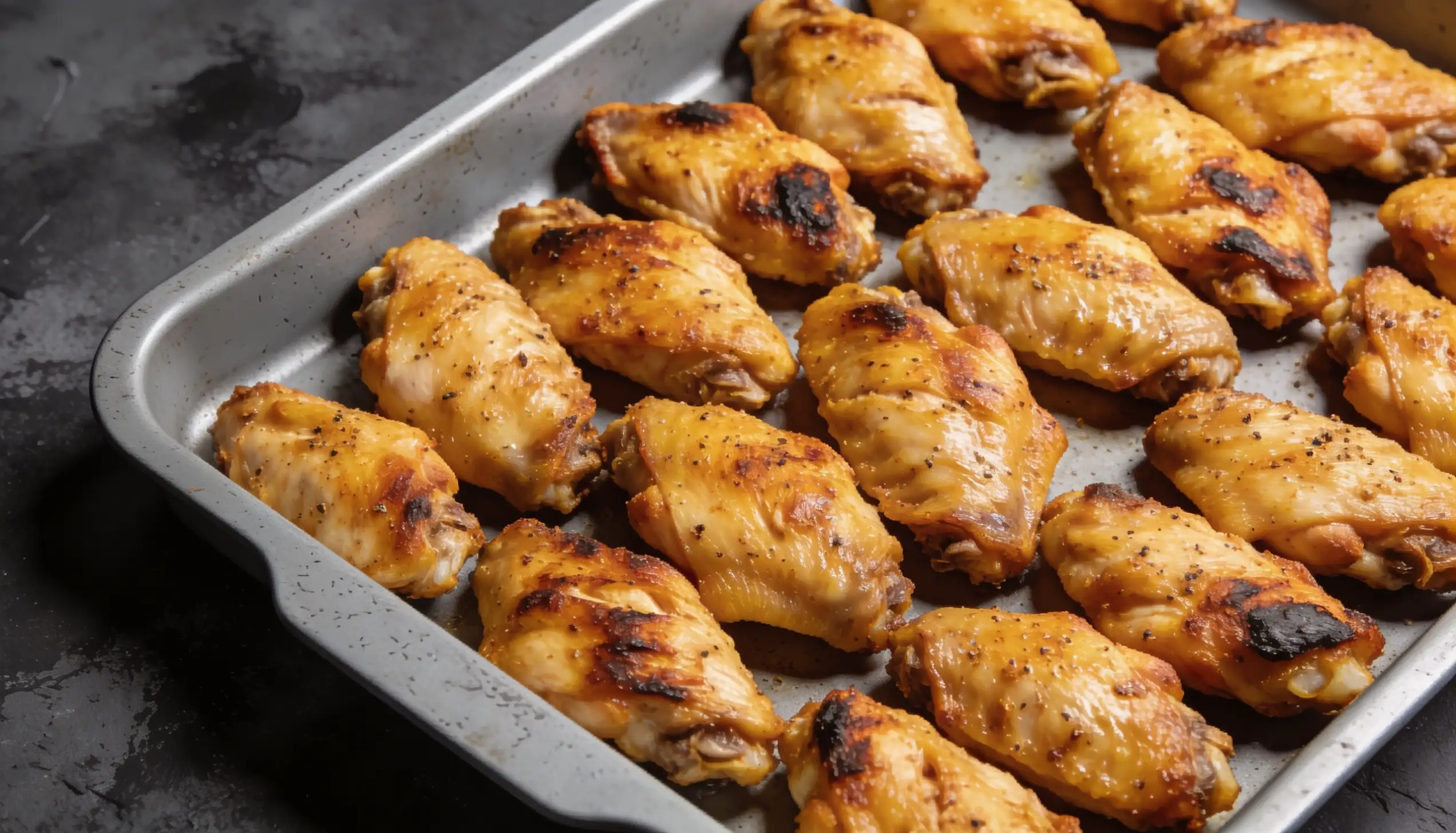 Golden brown chicken wings seasoned with pepper in a metal baking pan.