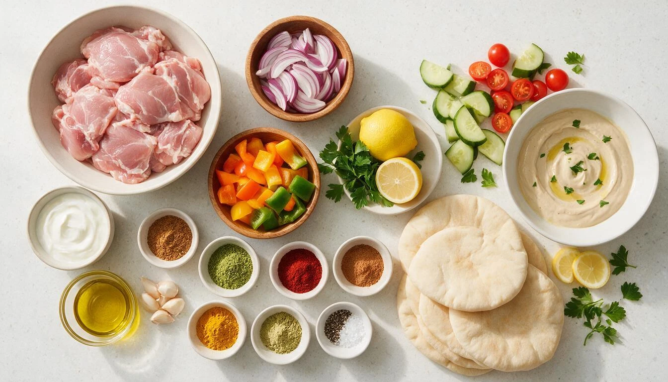 sheet pan chicken shawarma ingredients with raw chicken spices yogurt vegetables pita hummus and lemon