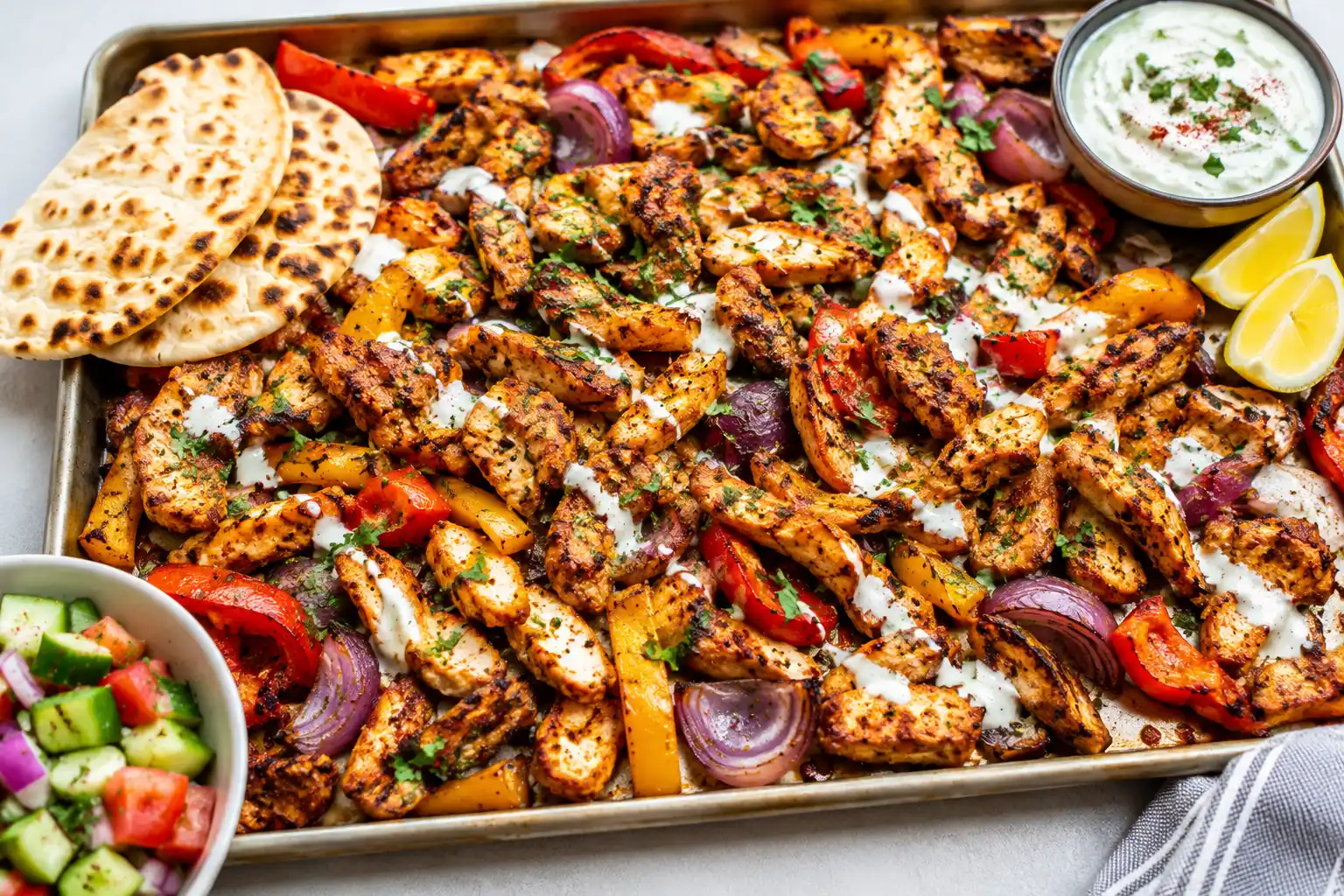 Sheet pan chicken shawarma with roasted peppers onions pita lemon wedges creamy sauce and fresh cucumber tomato salad.