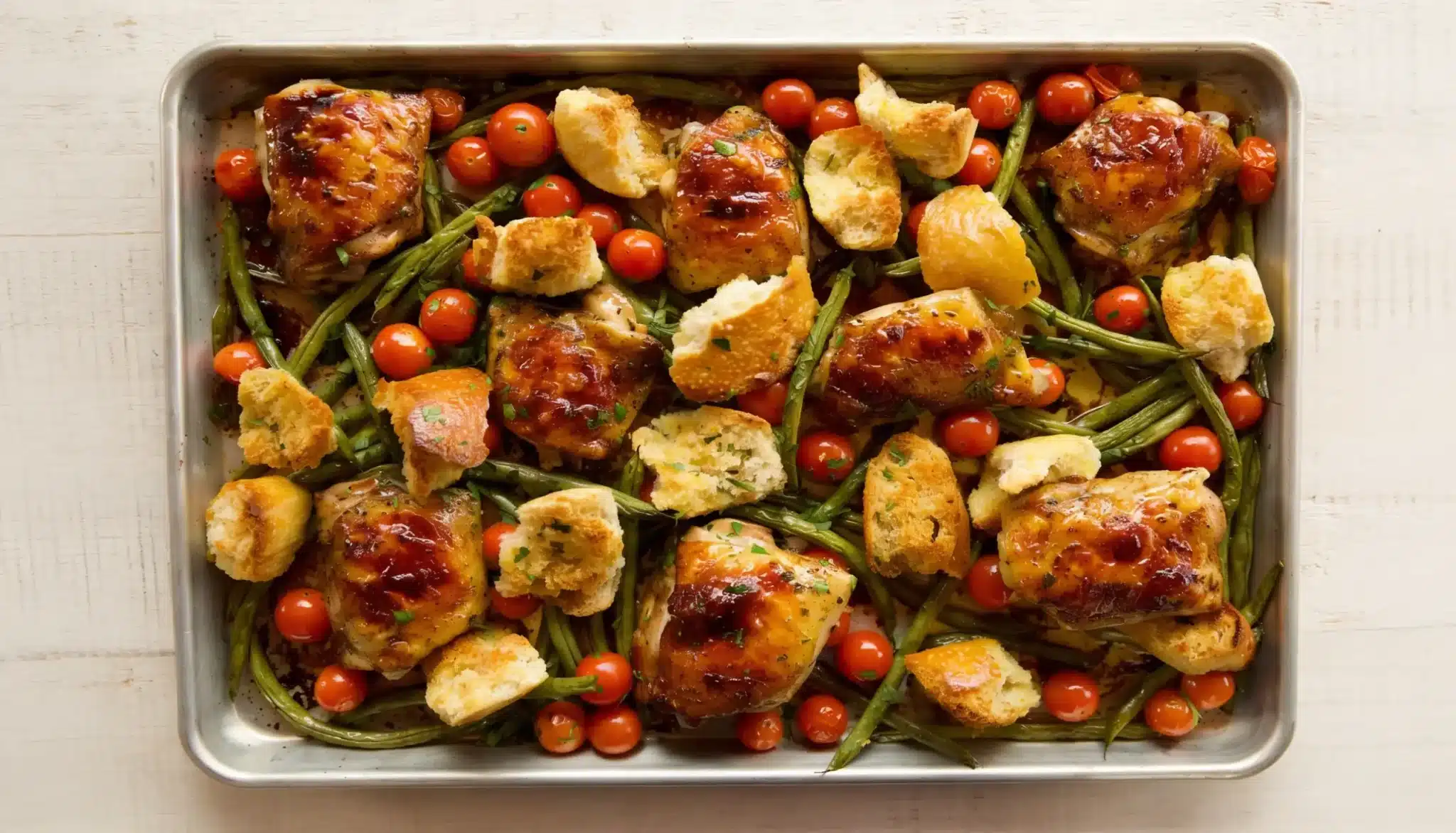 Sheet pan with roasted chicken thighs, green beans, cherry tomatoes, and pieces of bread on a white surface.