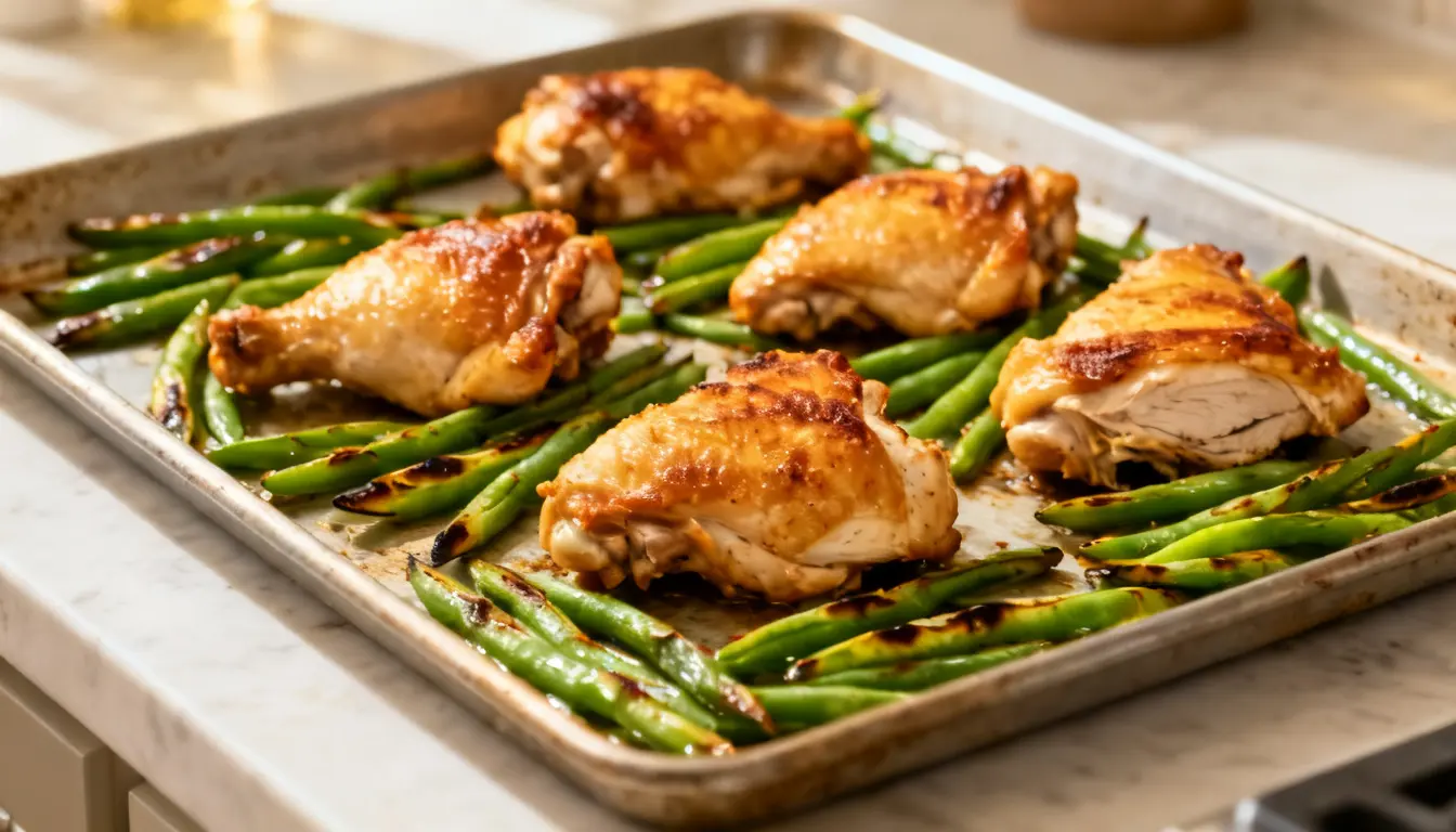 Roasted chicken pieces and green beans on a baking sheet.