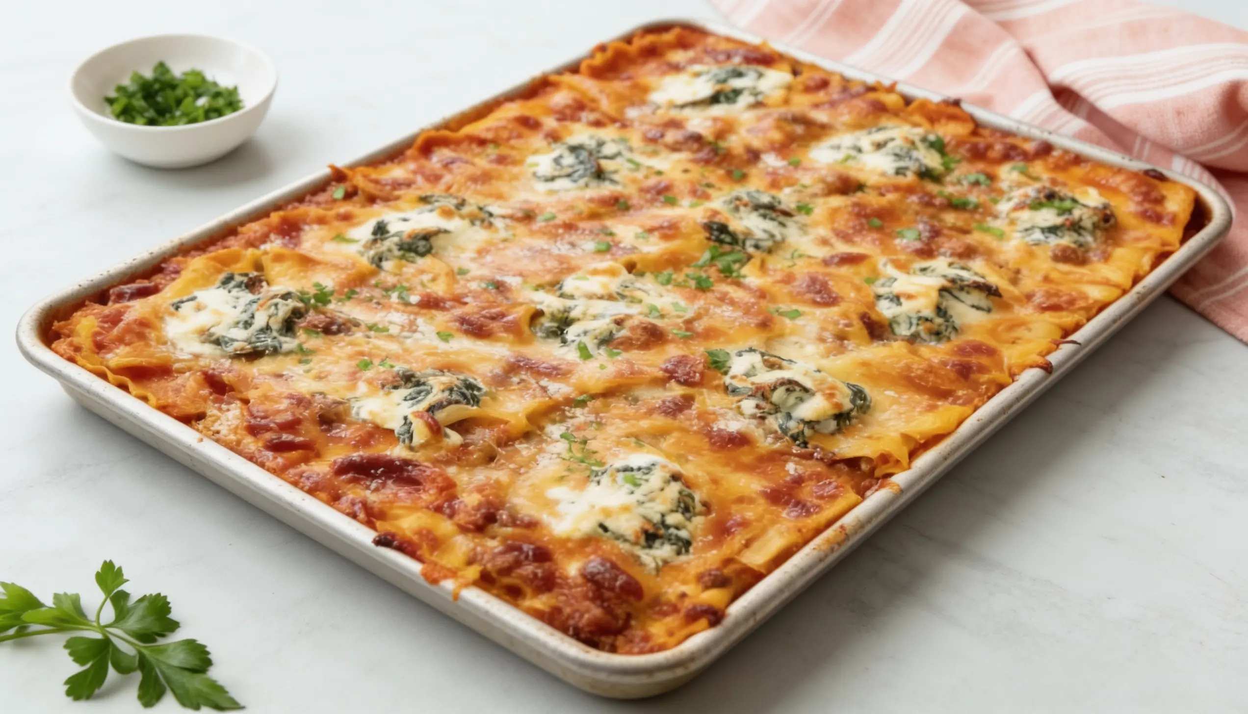 A bubbling, golden-brown lasagna with spinach and ricotta is served in a rectangular baking dish.