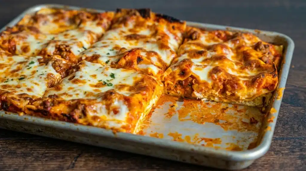 A casserole dish filled with sheet pan lasagna, topped with melted cheese and dry oregano.