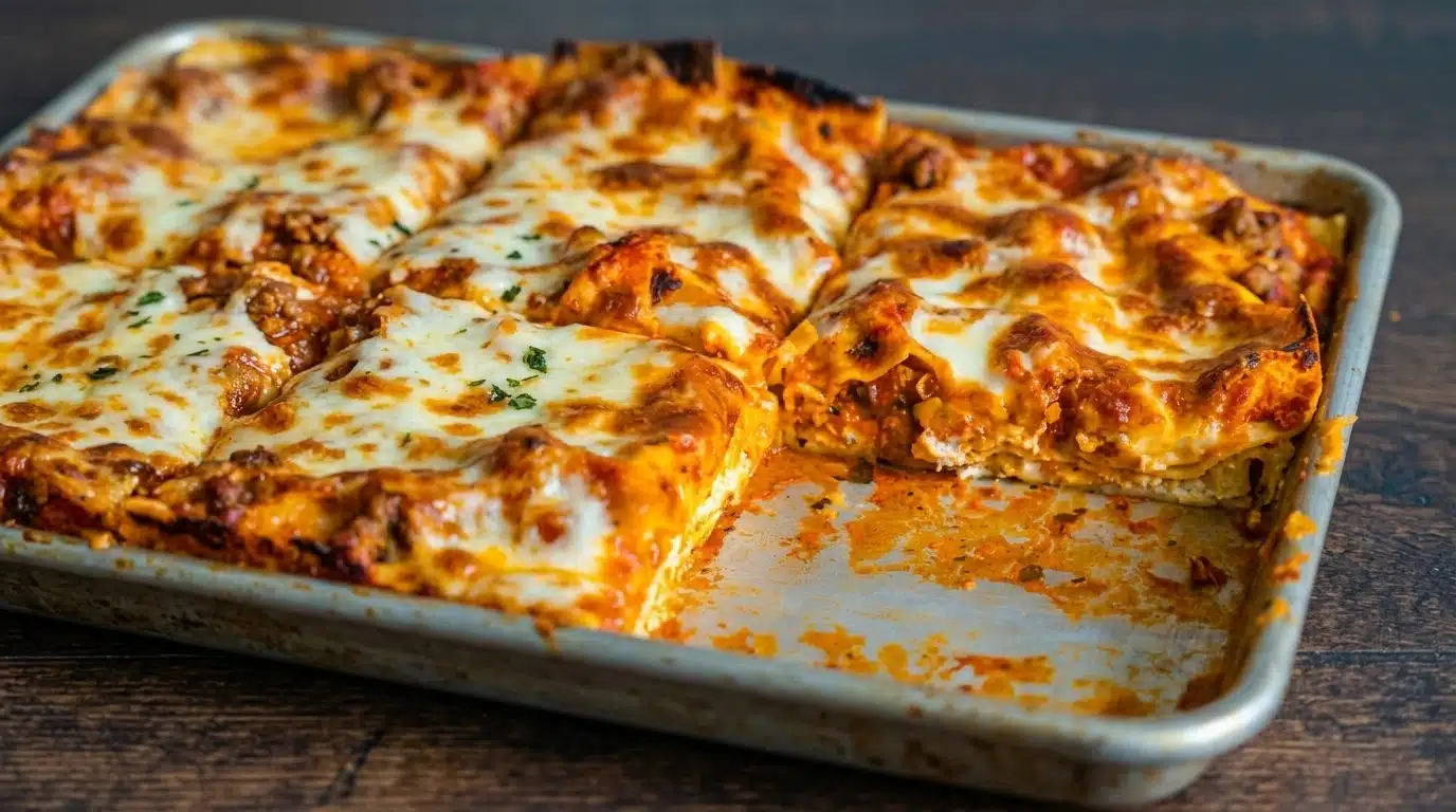 A casserole dish filled with sheet pan lasagna, topped with melted cheese and dry oregano.