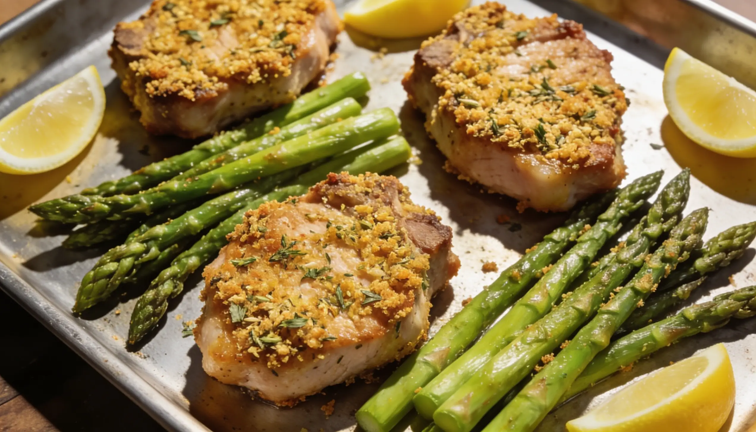 Three breaded pork chops with asparagus and lemon wedges on a baking sheet.
