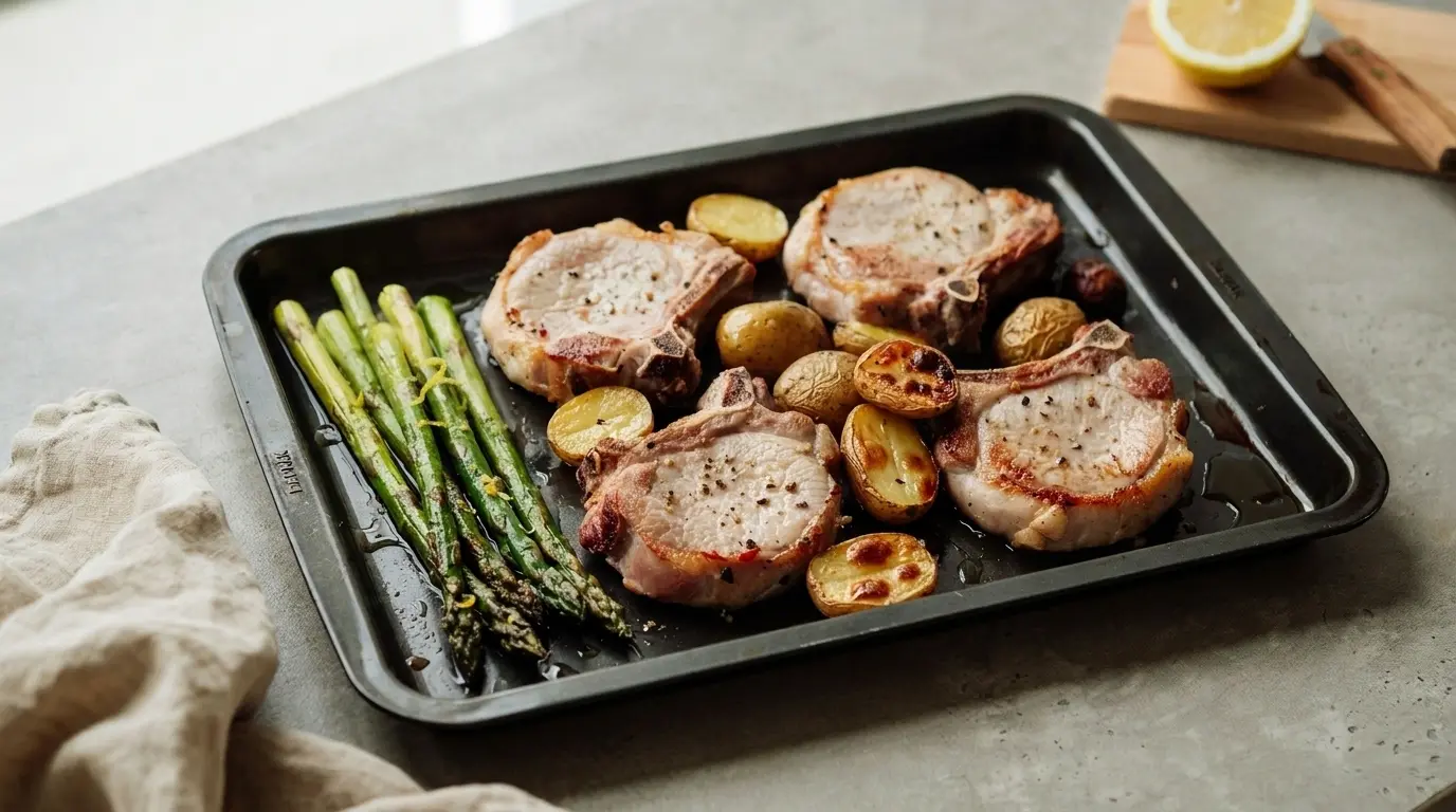 Four roasted pork chops are served on a baking sheet with asparagus and potatoes.