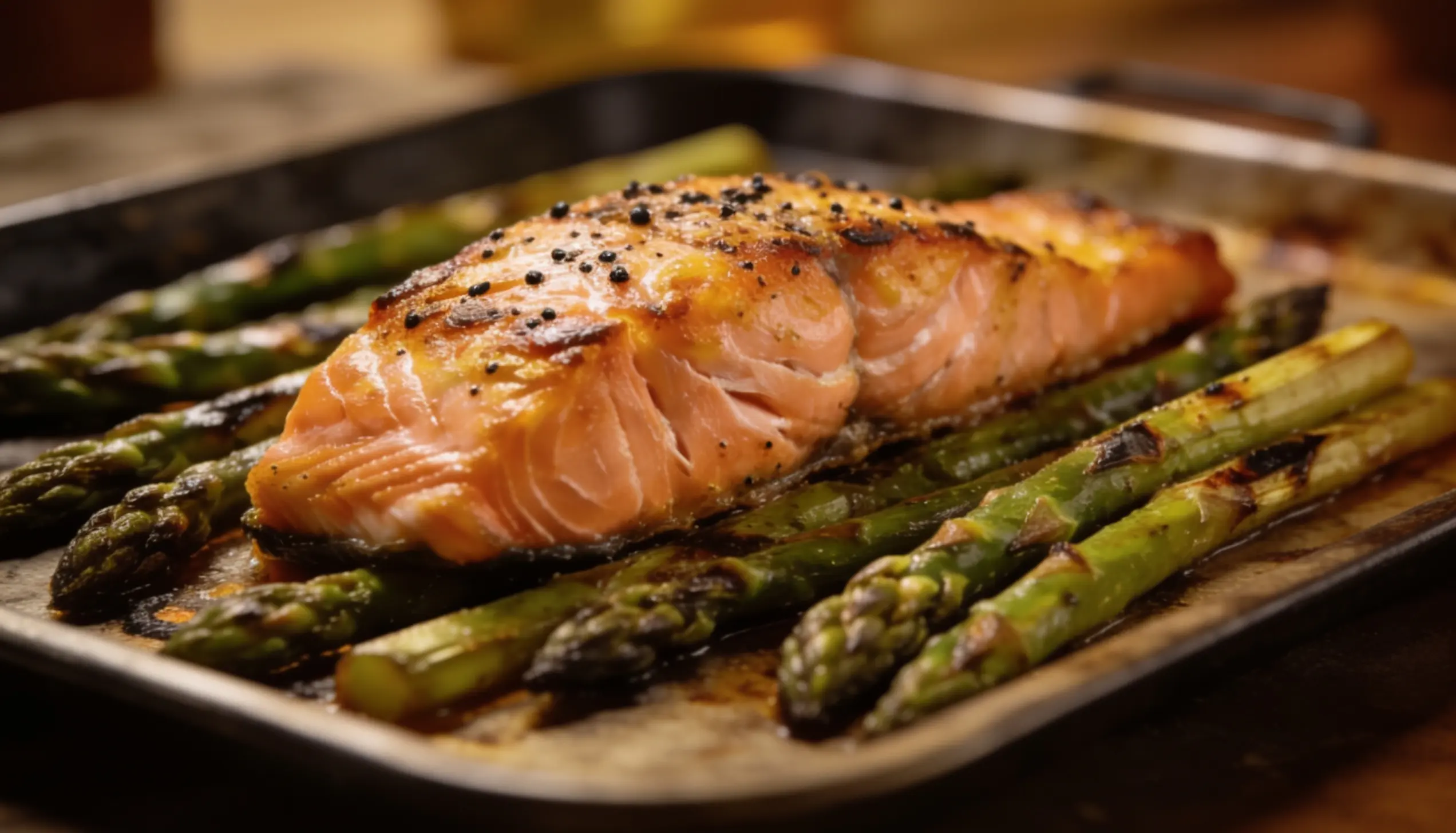 A perfectly cooked salmon fillet seasoned with black pepper sits on a bed of roasted asparagus on a baking sheet.
