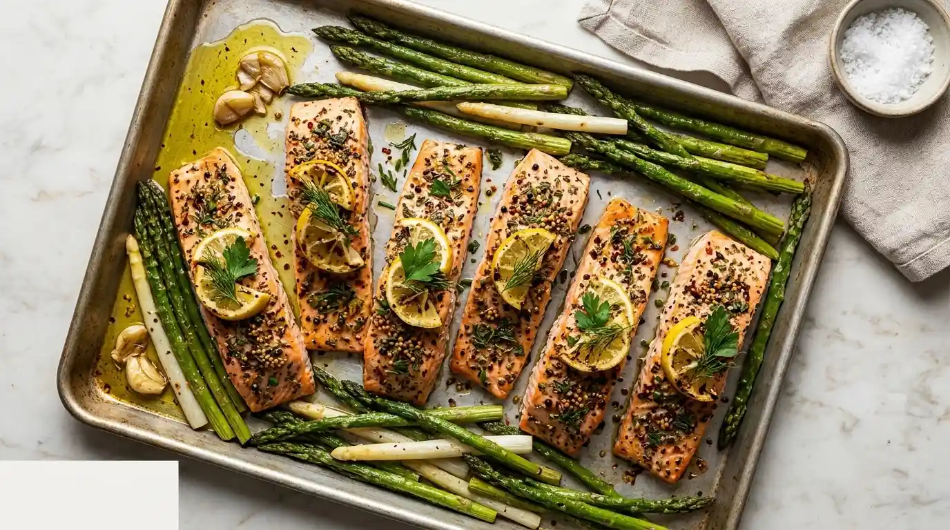 Six salmon fillets seasoned with herbs and lemon slices, roasted on a baking sheet with asparagus and garlic.