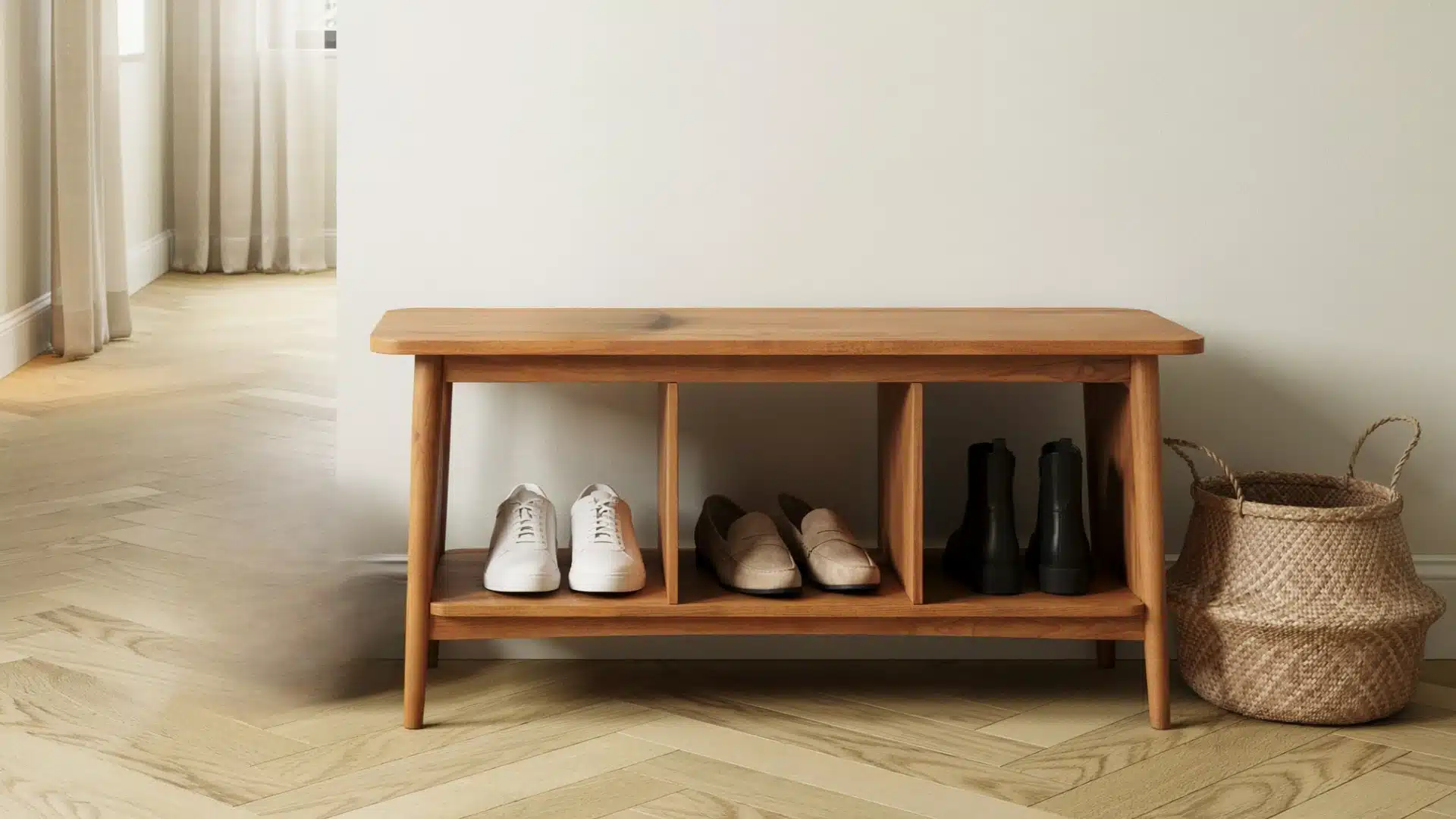 A wooden shoe bench with compartments holding sneakers, loafers, and boots, next to a woven basket.