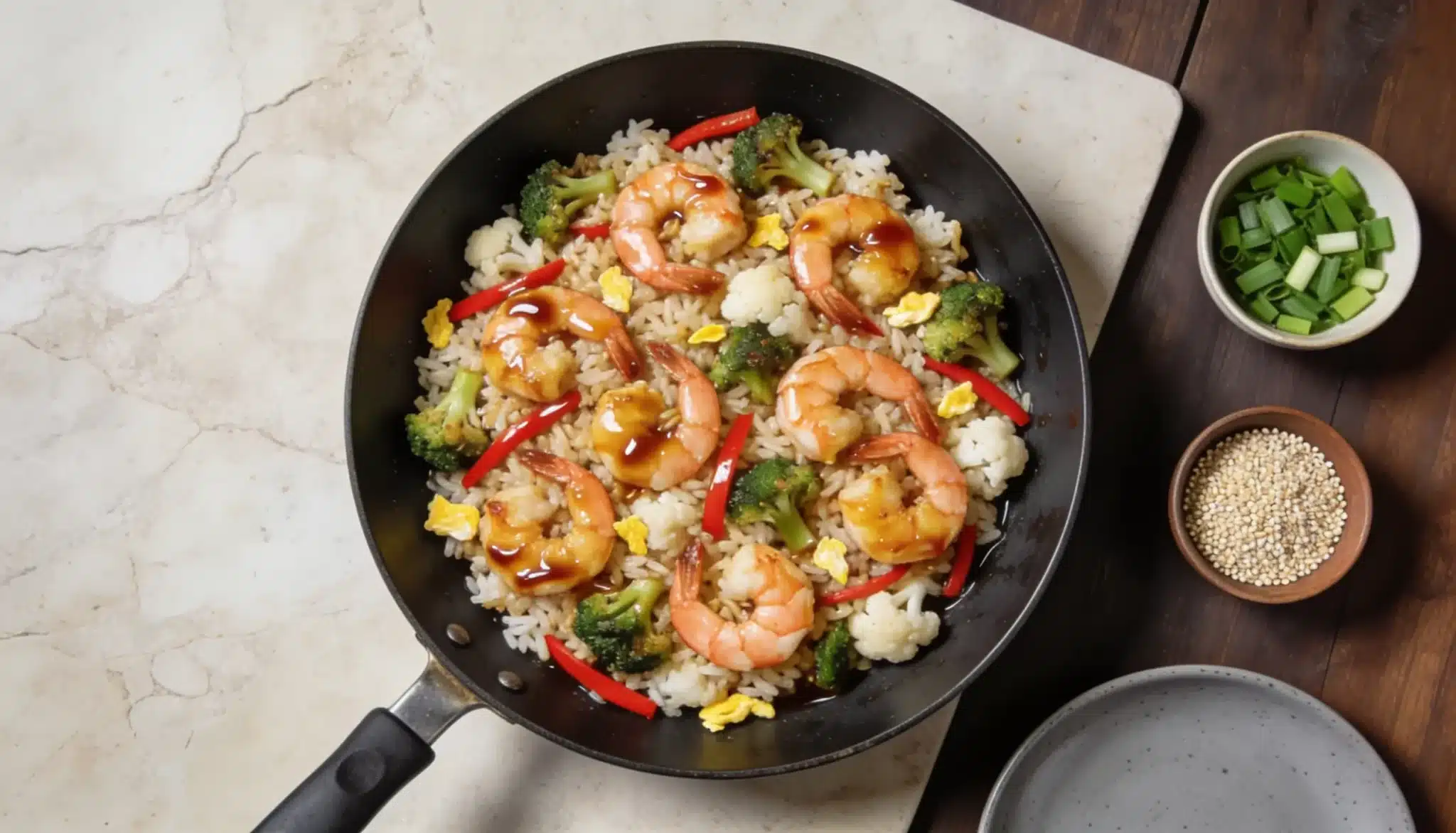 Shrimp and vegetable fried rice served in a wok with sides of chopped green onions and sesame seeds.