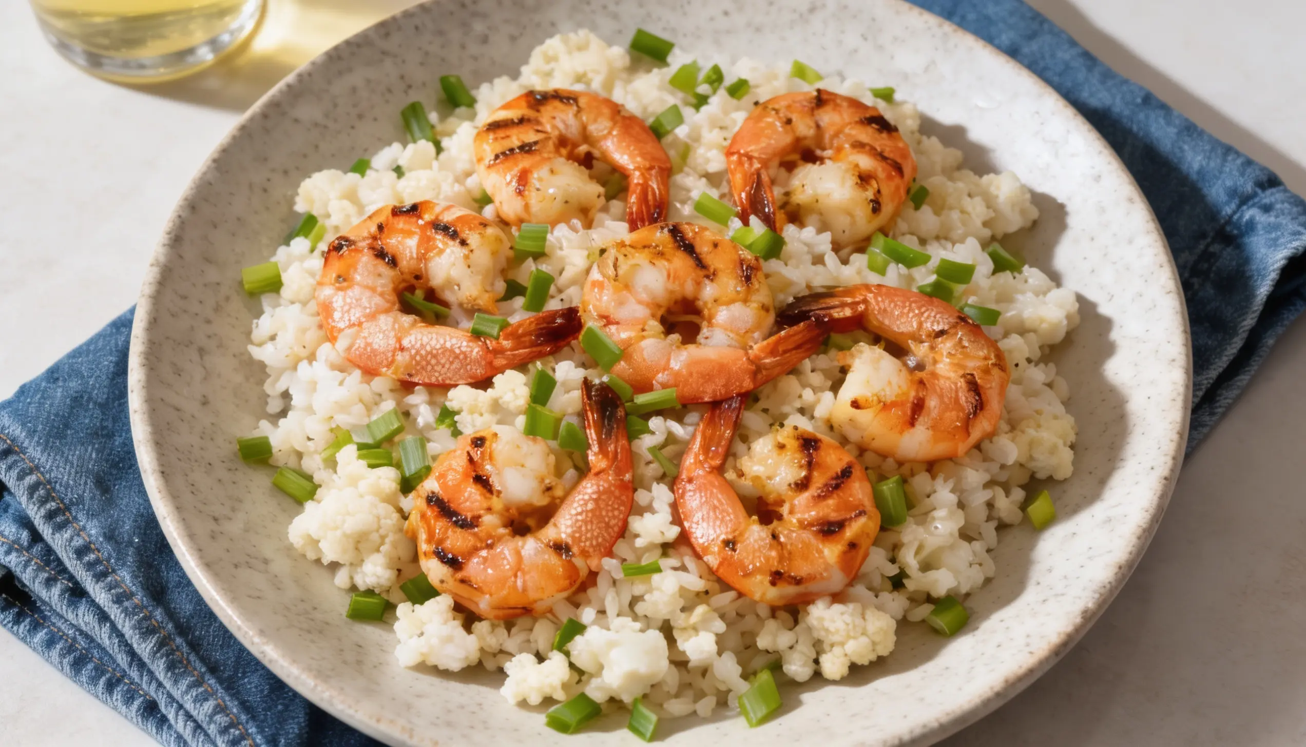 Plate of grilled shrimp served over cauliflower rice and garnished with chopped green onions.