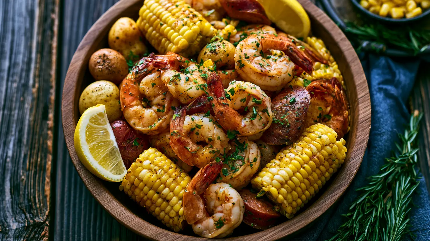 A bowl of shrimp mixed with corn and potatoes, garnished with lemon, presenting a seafood dish.