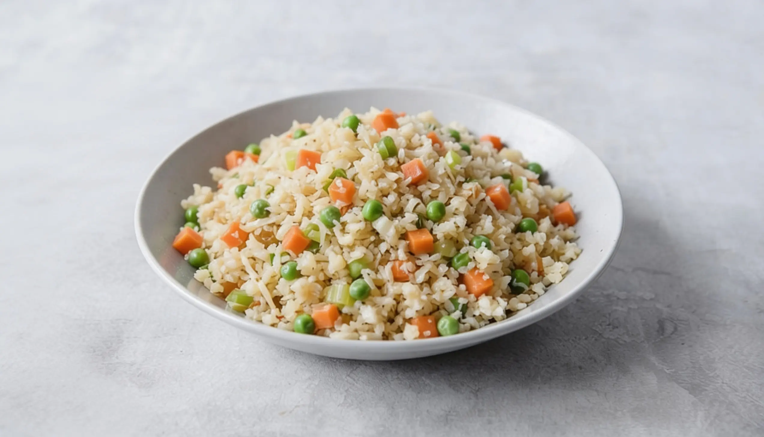 A white bowl filled with rice mixed with peas and diced carrots on a grey speckled surface.
