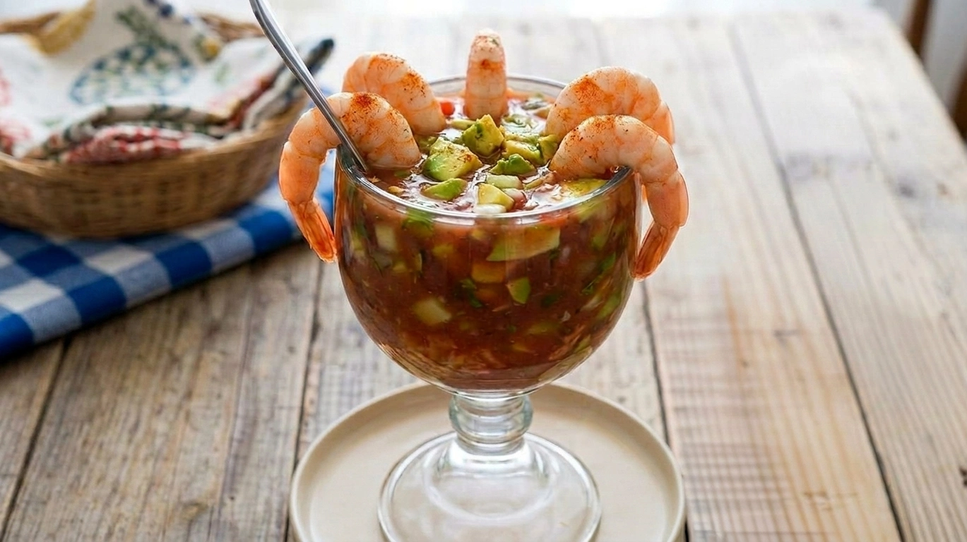 A clear glass filled with shrimp, colorful vegetables, and garnished with herbs, showcasing a fresh seafood dish.