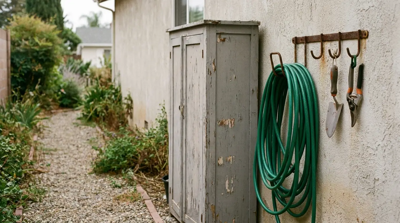 Green garden hose and tools hanging on wall beside weathered wooden cabinet in outdoor yard setting