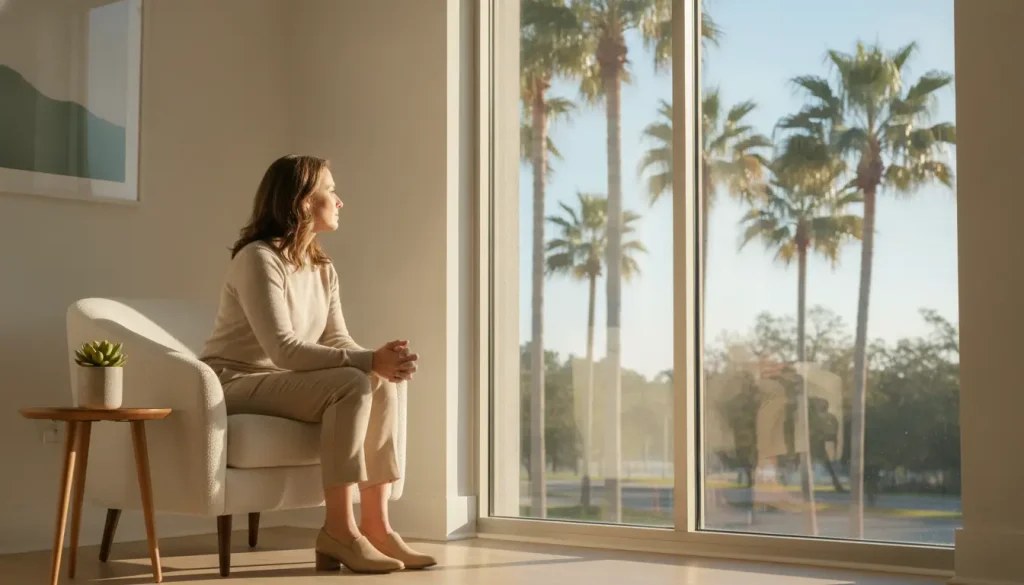 Woman sitting in armchair gazing out large window at palm trees in bright room