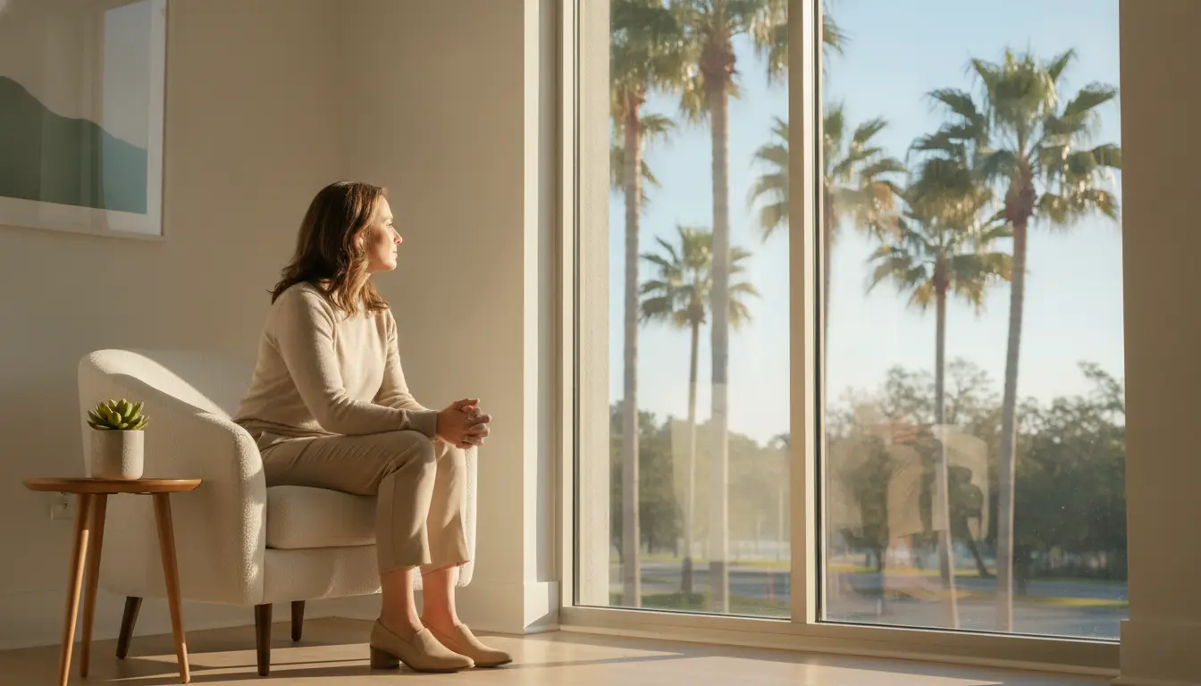 Woman sitting in armchair gazing out large window at palm trees in bright room