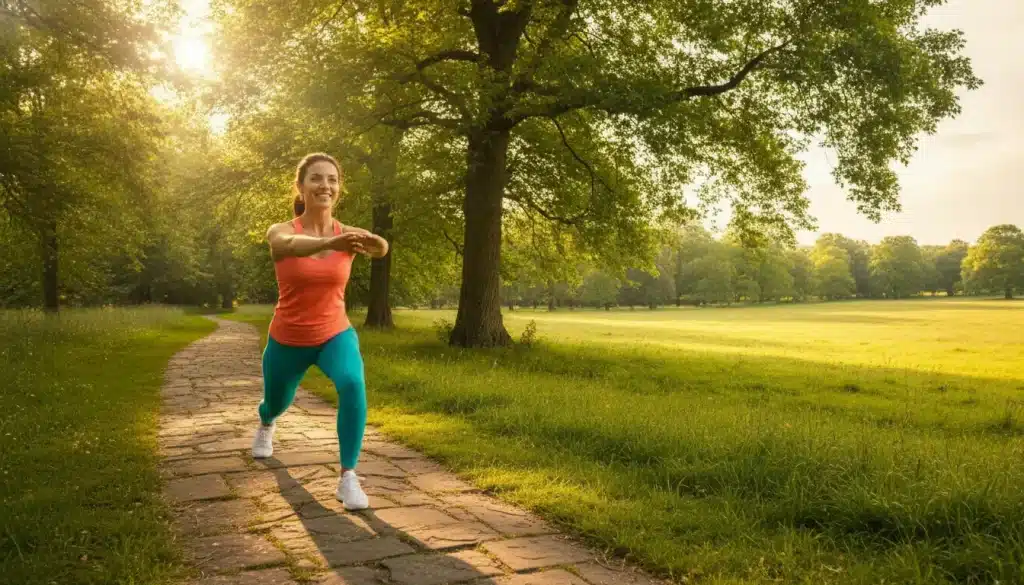 Woman exercising in a sunlit park, wearing bright athletic clothing, with green grass and trees surrounding