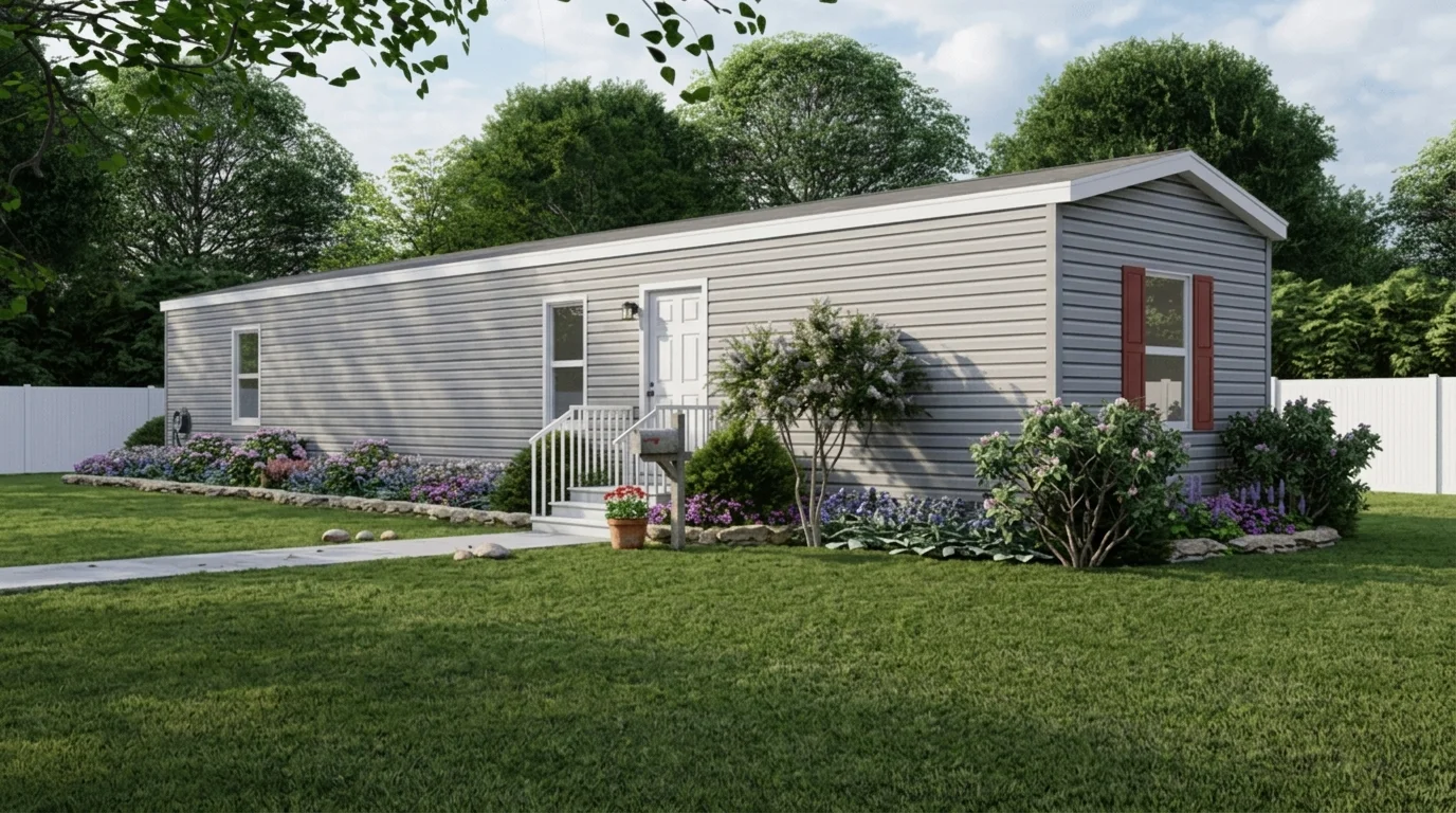 A small gray house surrounded by a yard and a vibrant garden filled with various plants and flowers.