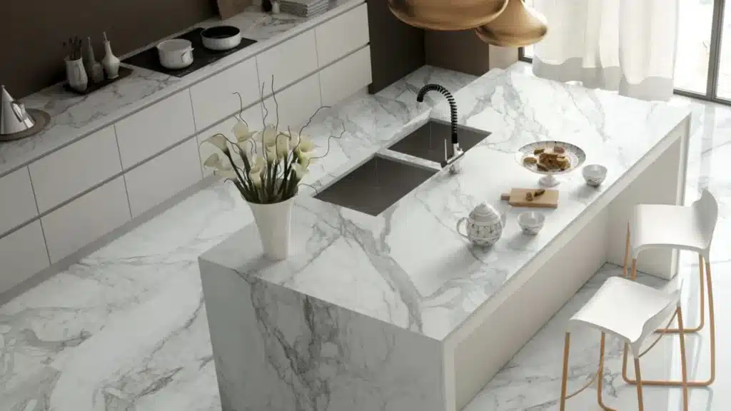 Modern kitchen featuring a white marble look sintered stone waterfall island with integrated sink minimalist cabinetry