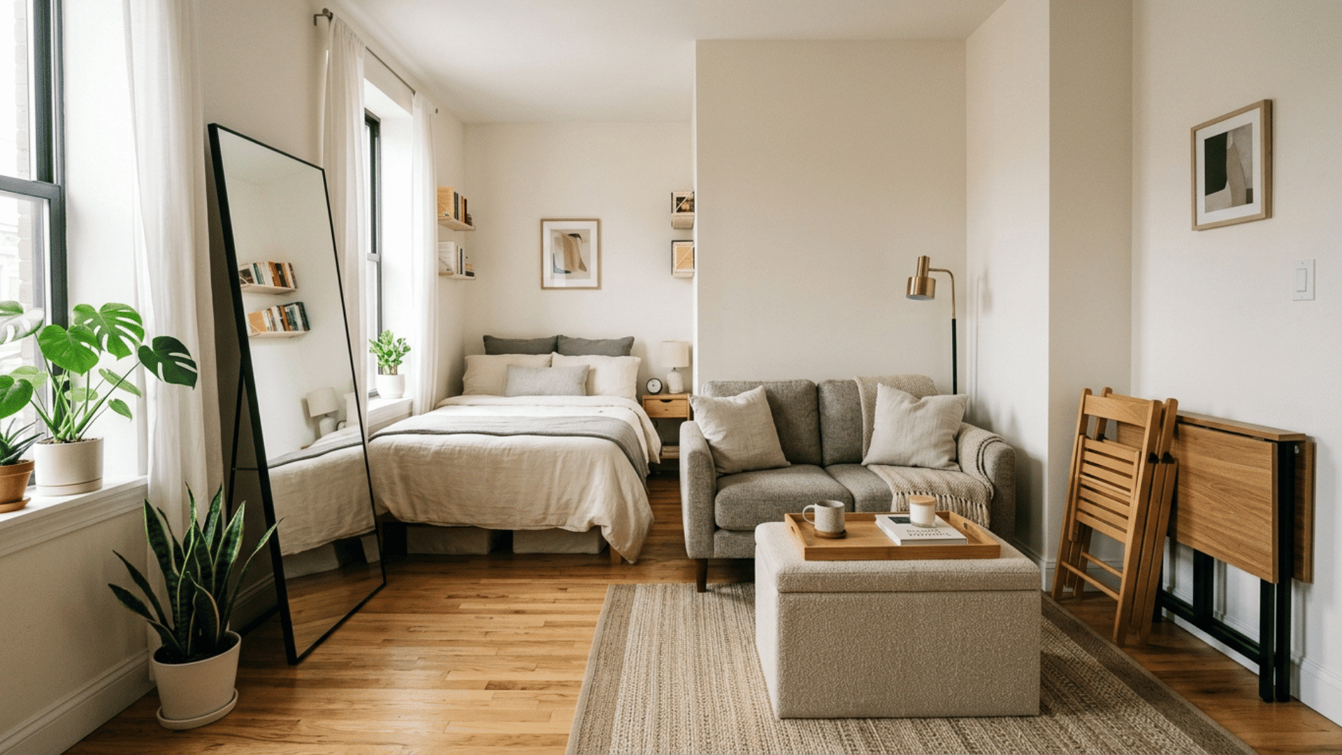 small studio apartment using a large mirror and multi-use furniture